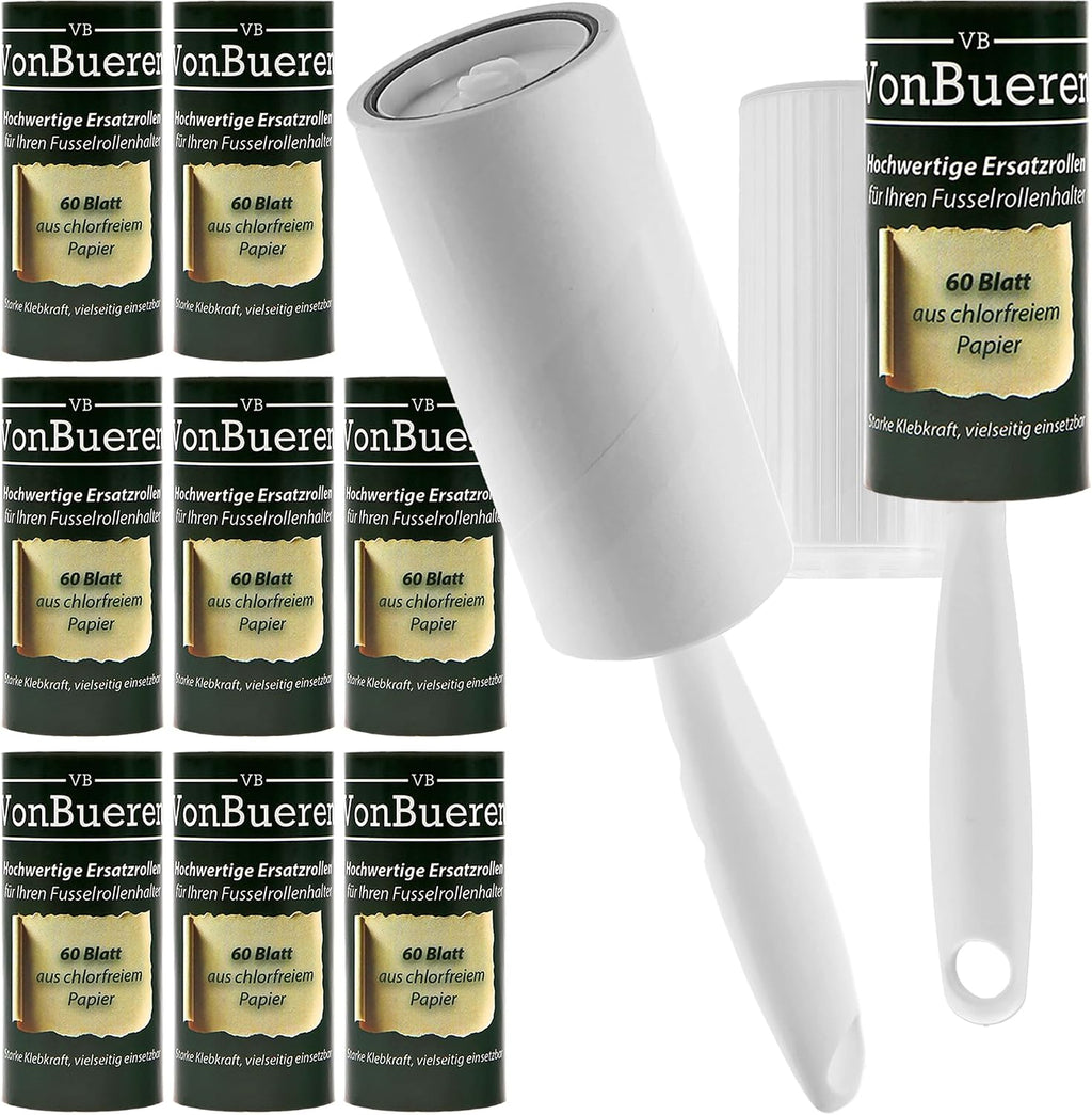 VonBueren Fusselrolle Set mit 10 Rollen, 600 Blatt, 2 Abrollern und 2 Huellen
