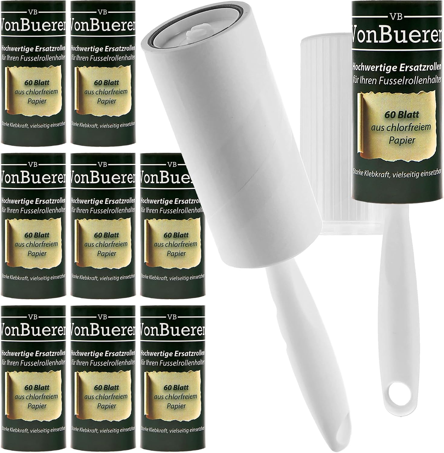 VonBueren Fusselrolle Set mit 10 Rollen, 600 Blatt, 2 Abrollern und 2 Huellen