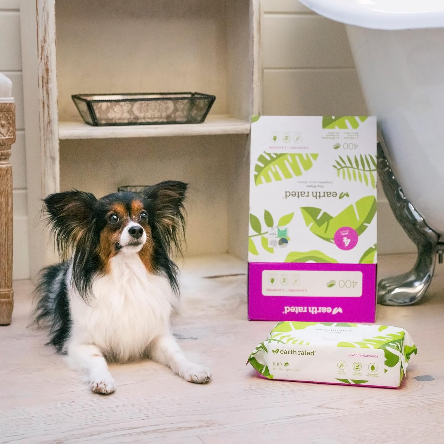 Earth Rated Pflegetuecher fuer Hunde Lavendel Duft 400 Stueck dicke Tuecher