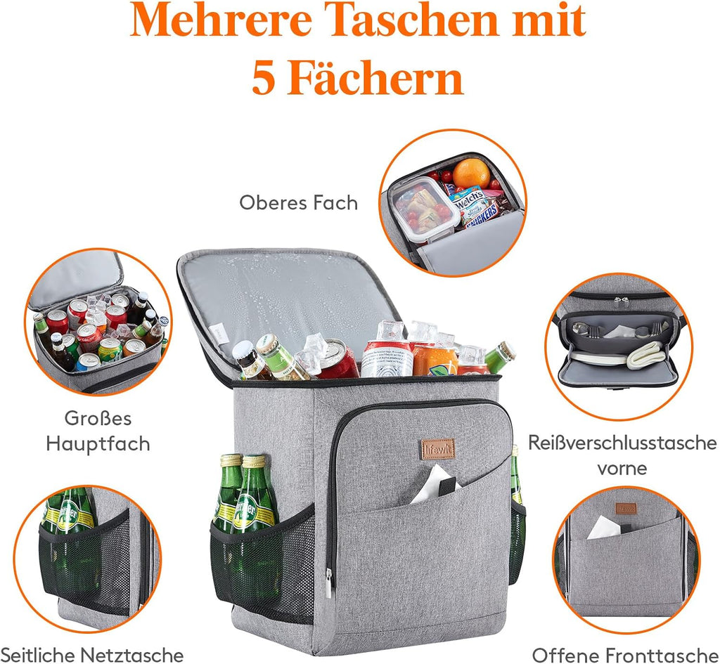 Lifewit Kuehltasche / 34 Dosen, isoliert, auslaufsicher, grau