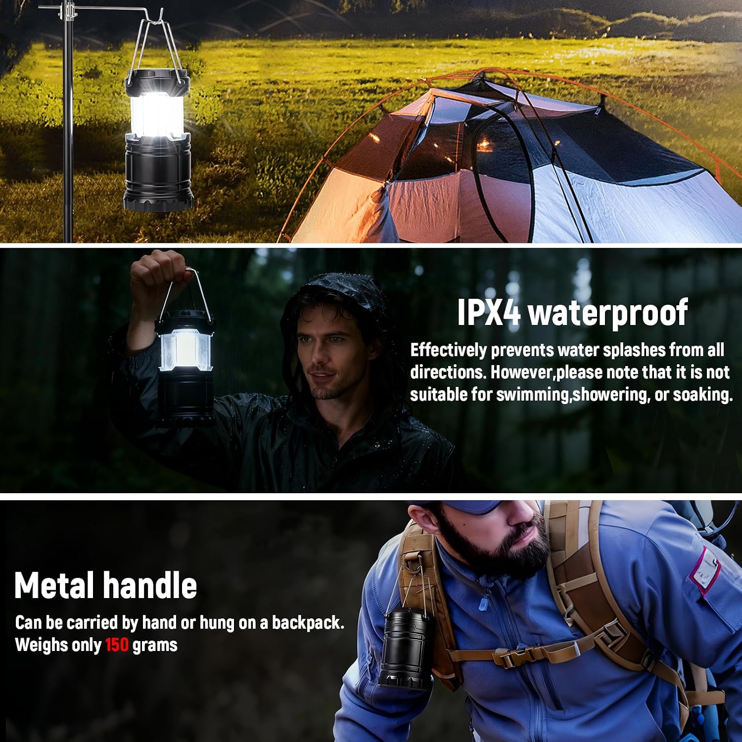 2er Set faltbare LED Campinglampe wasserdicht mit Haken, batteriebetrieben AAA