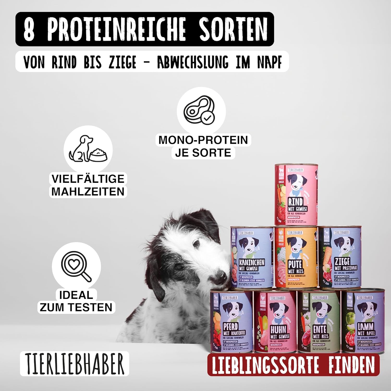 TIERLIEBHABER Hundenassfutter Dose 91% Fleischanteil 8 Sorten Packung