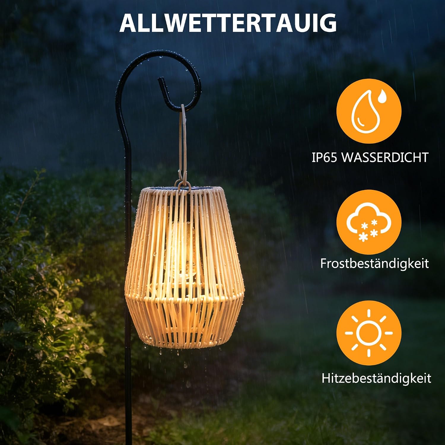 2er Set Solar-Laternen aus Rattan, IP65 Wasserdicht, haengend fuer Garten Balkon R