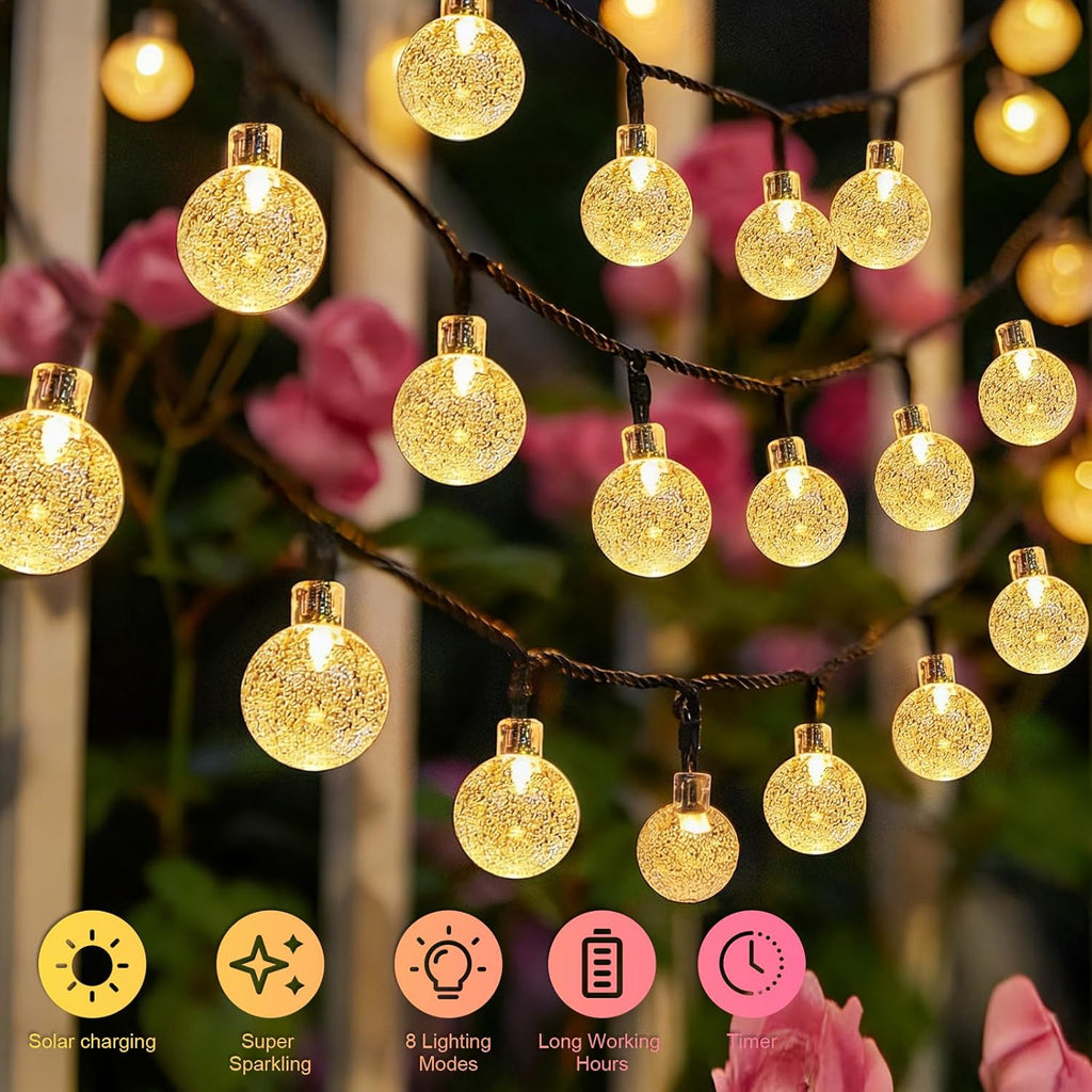AGOTD Solar Lichterkette aussen 40 LED Kristallkugeln IP65 8 Modi Warmweiss