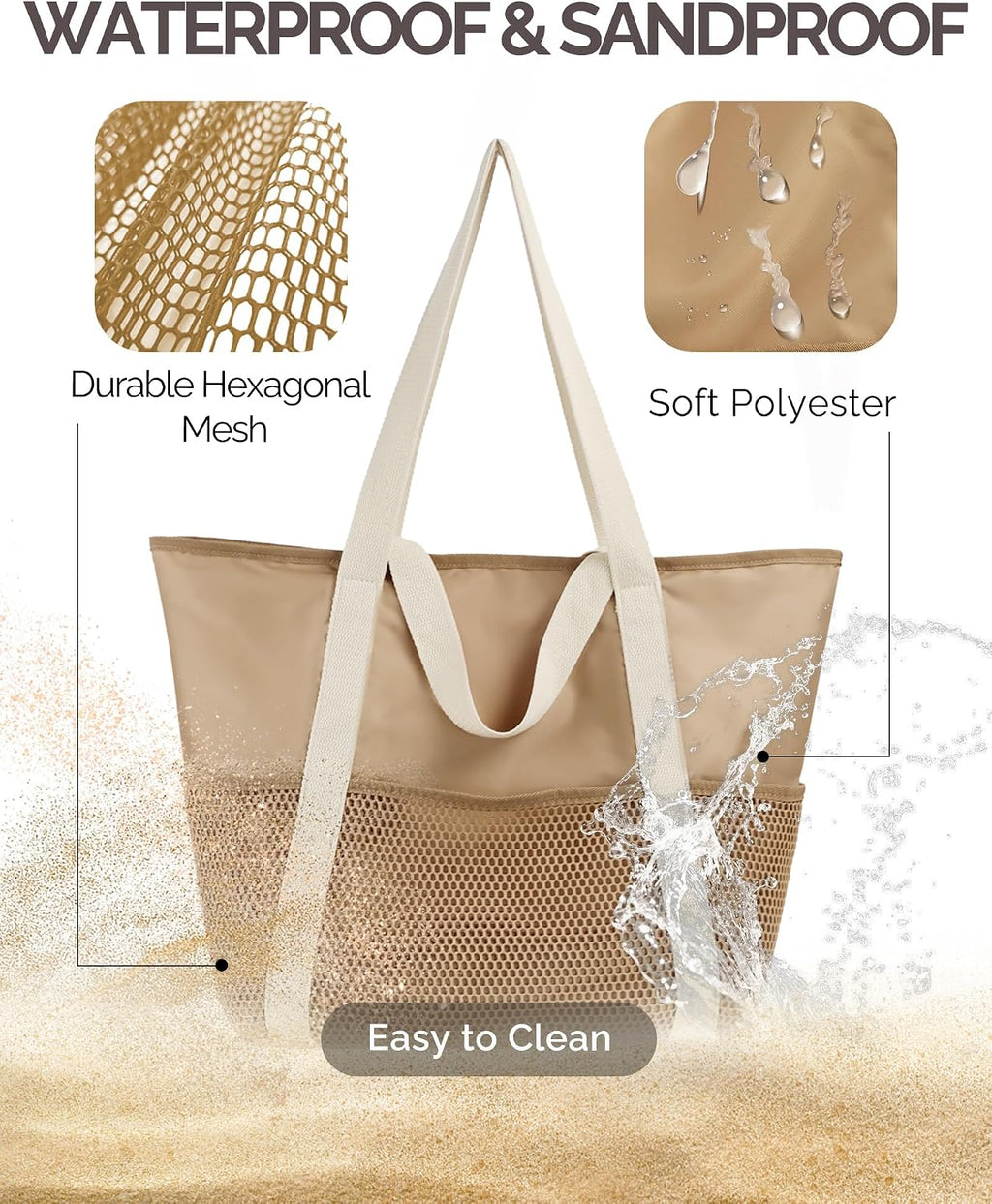 HOMESPON Strandtasche gross mit Reissverschluss, wasserabweisend, Netzfach