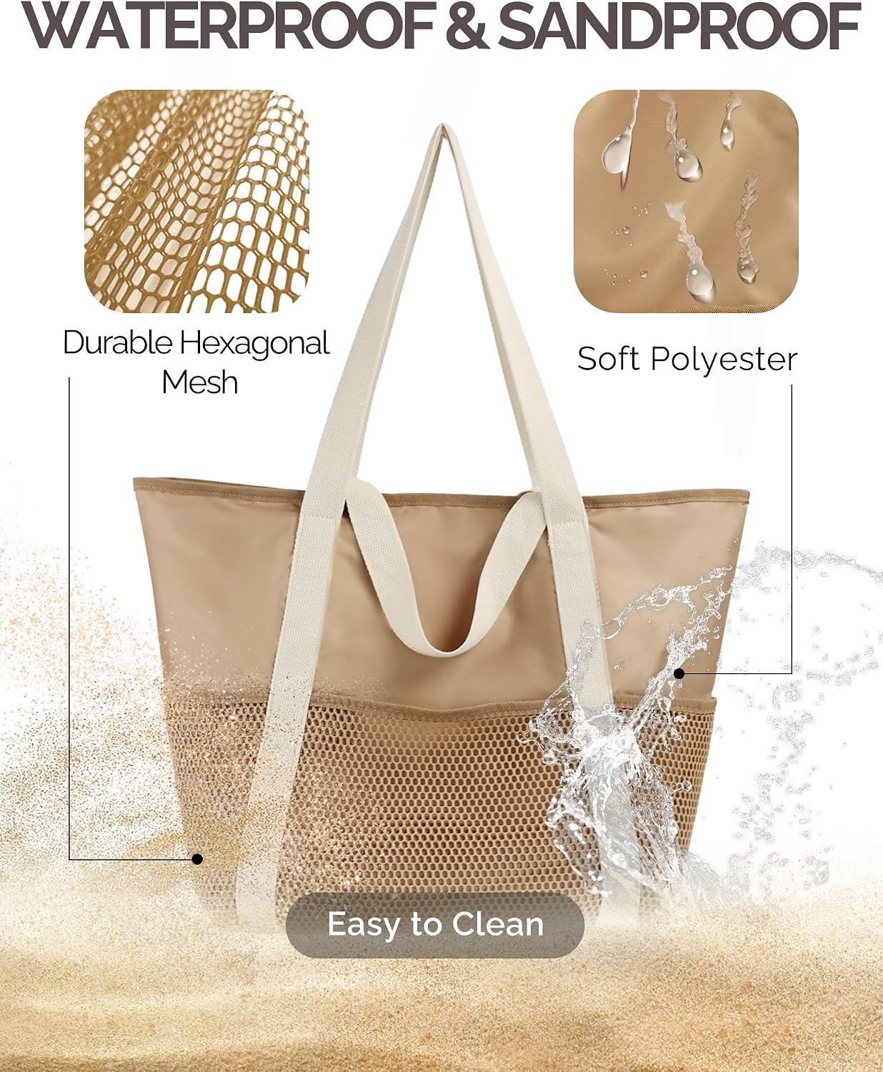 HOMESPON Strandtasche gross mit Reissverschluss, wasserabweisend, Netzfach