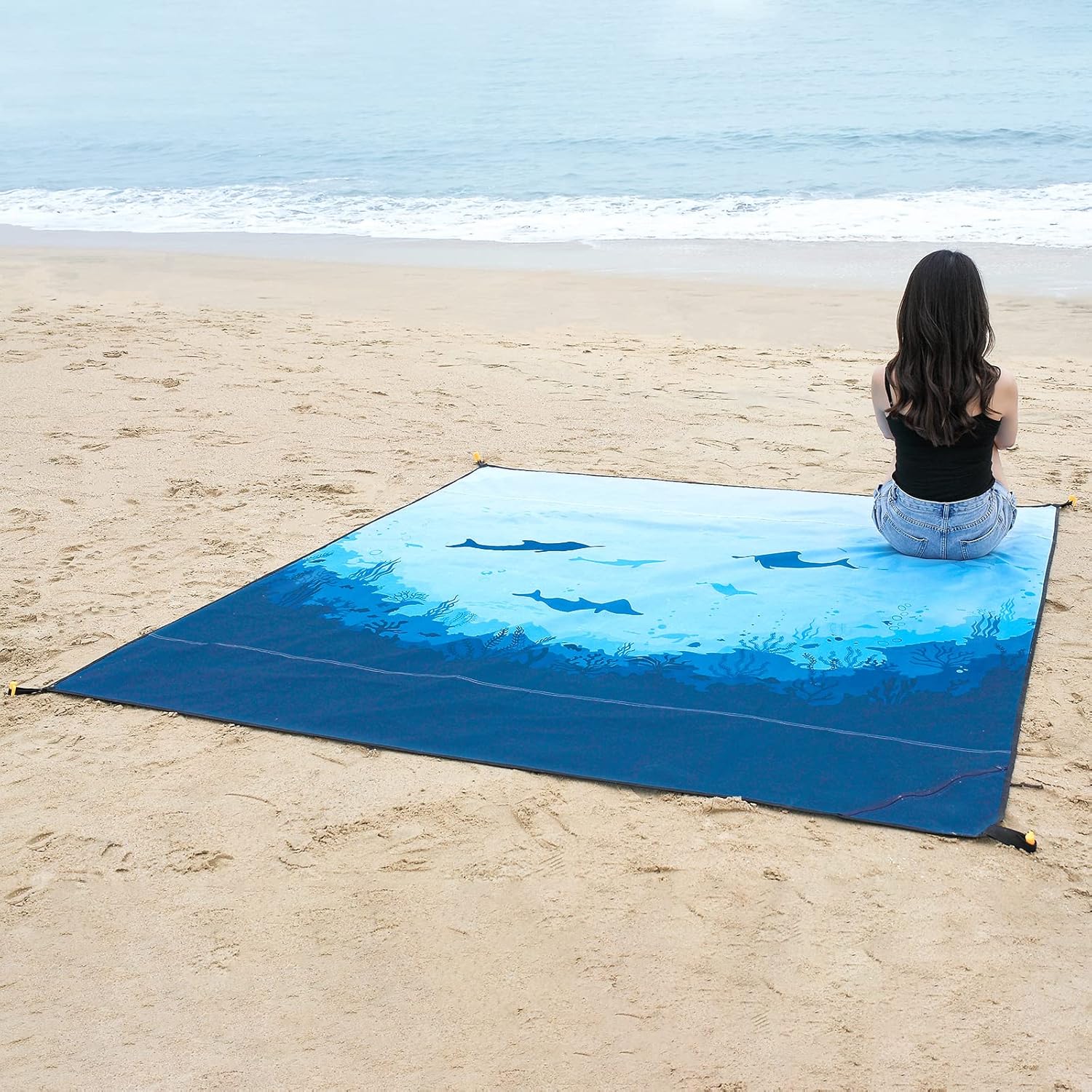 DEWUR Stranddecke sandfrei XXL 210x200 cm wasserdicht Picknickdecke Sea Fish