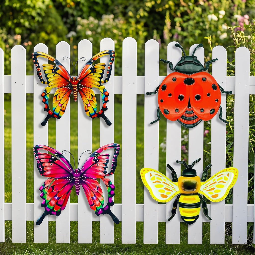 4er-Set Metall Gartenornamente Schmetterling Blumen Wanddeko aussen