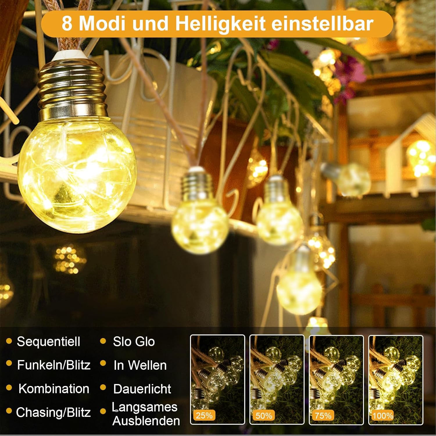 Goffii Solar Lichterkette Aussen 20 LED 12,5 m warmweiss 8 Modi Timer