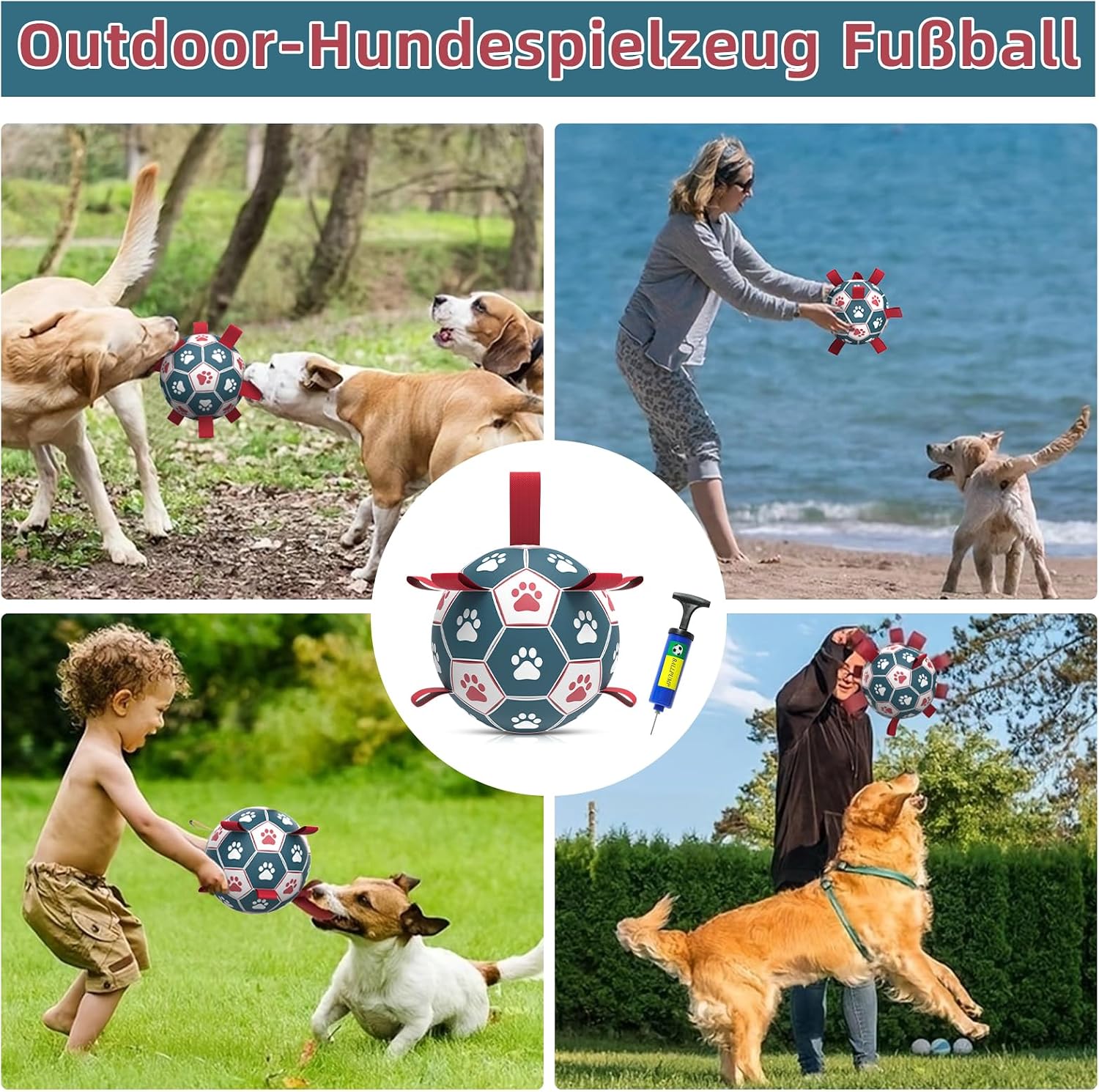 HETOO Hundeball mit Griff 8 Zoll Rot/Blau, interaktives Hundespielzeug S-XL