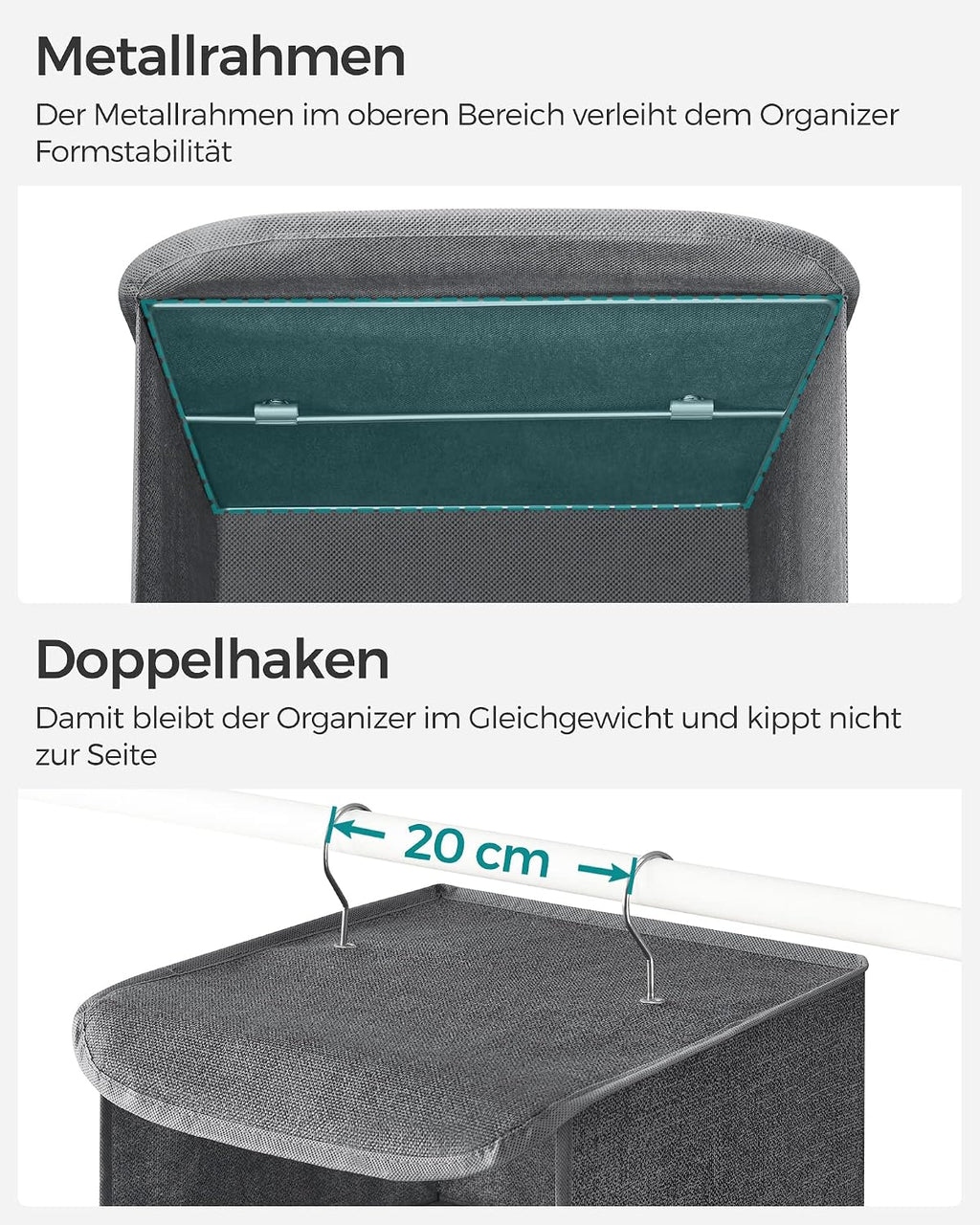 SONGMICS Haengeorganizer 4 Faecher faltbar Kleiderschrank Regal Hellgrau