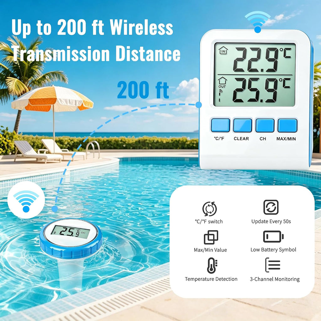 Funk Poolthermometer schwimmend IPX8 wasserdicht 3-Kanal Temperaturanzeige fuer P