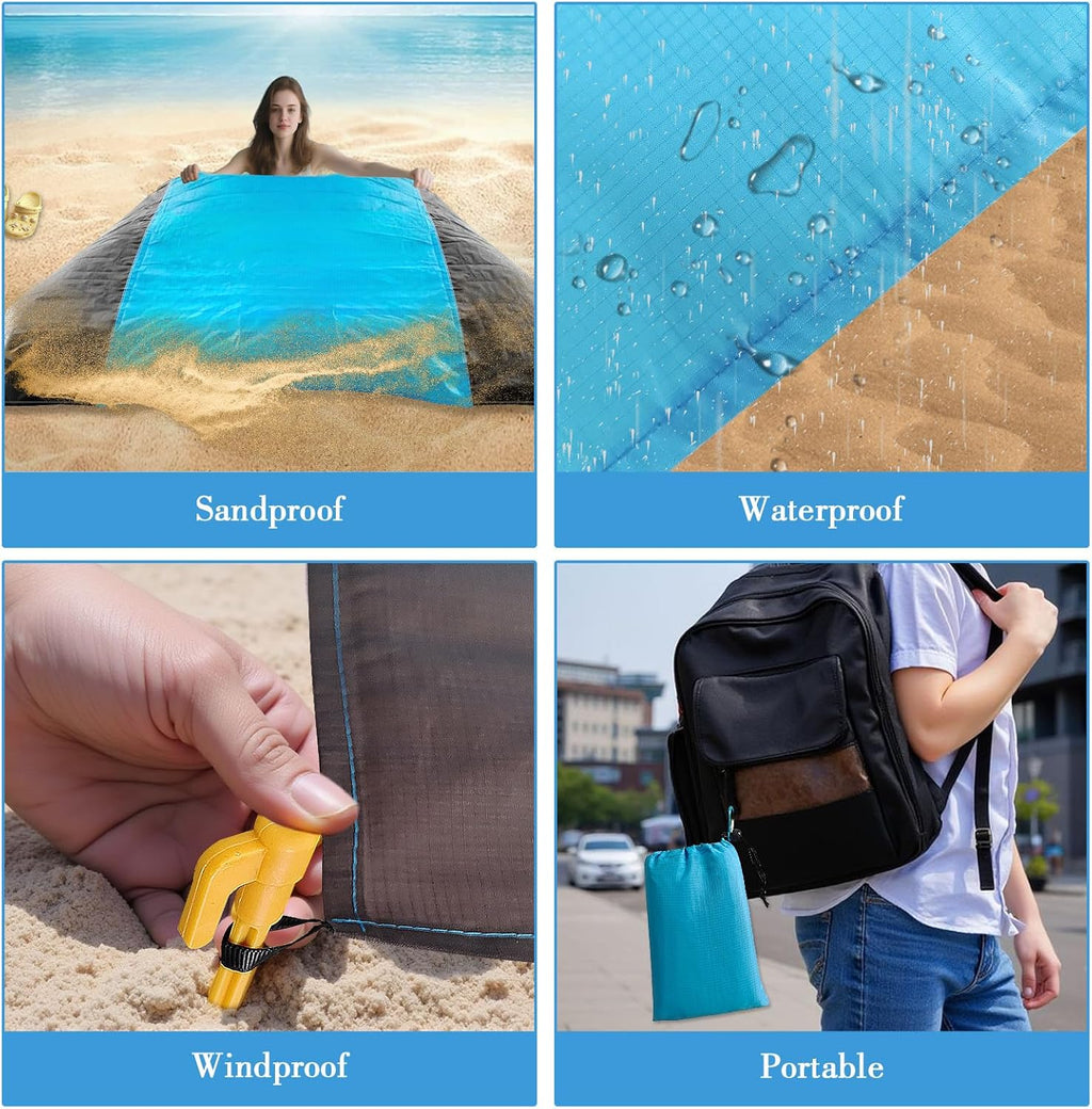 Stranddecke sandfrei 210×200 cm wasserdicht mit 4 Erdheringen hellblau