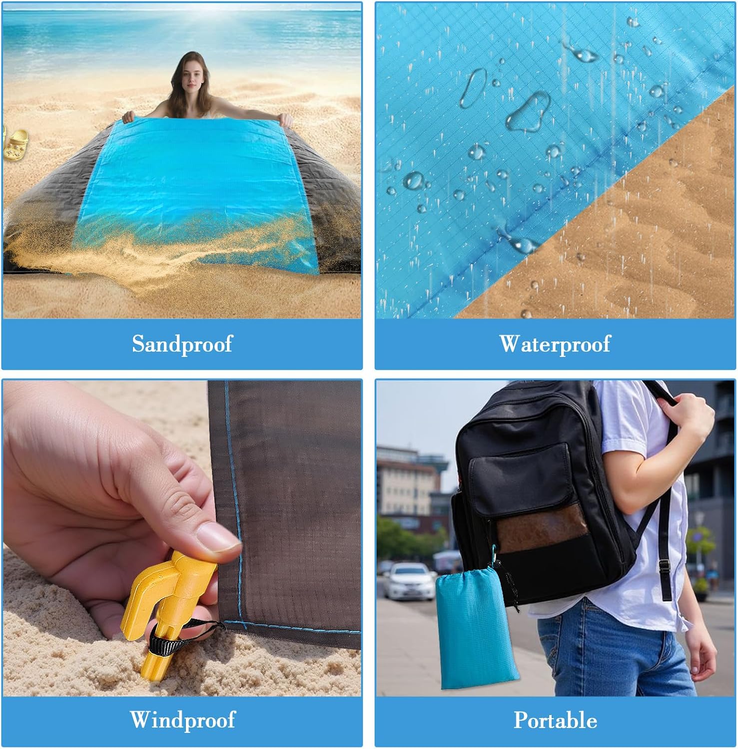 Stranddecke sandfrei 210×200 cm wasserdicht mit 4 Erdheringen hellblau