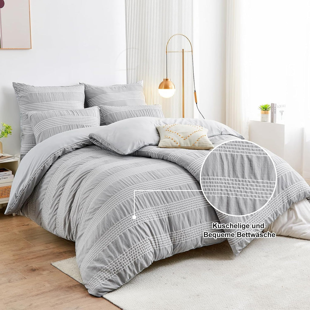 Qucover Bettwaesche 135x200 Seersucker grau weiss gestreift Mikrofaser 200cm-220cm