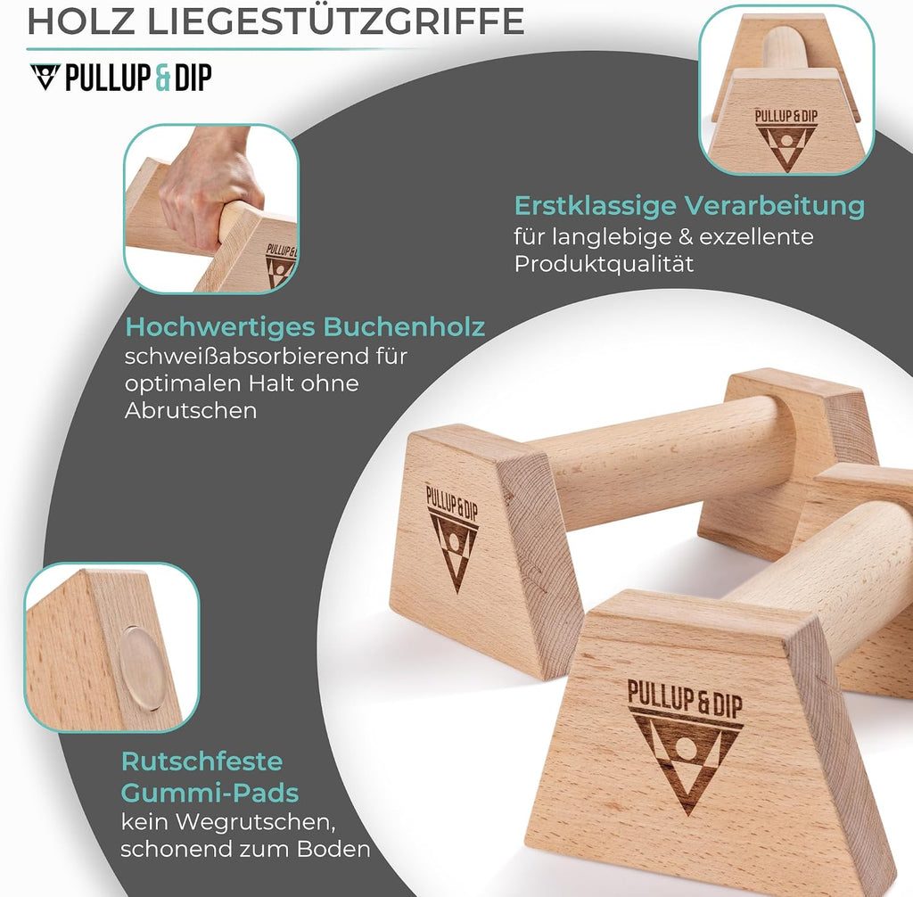 PULLUP & DIP Holz Liegestuetzgriffe mit Handgelenkbandagen rutschfest