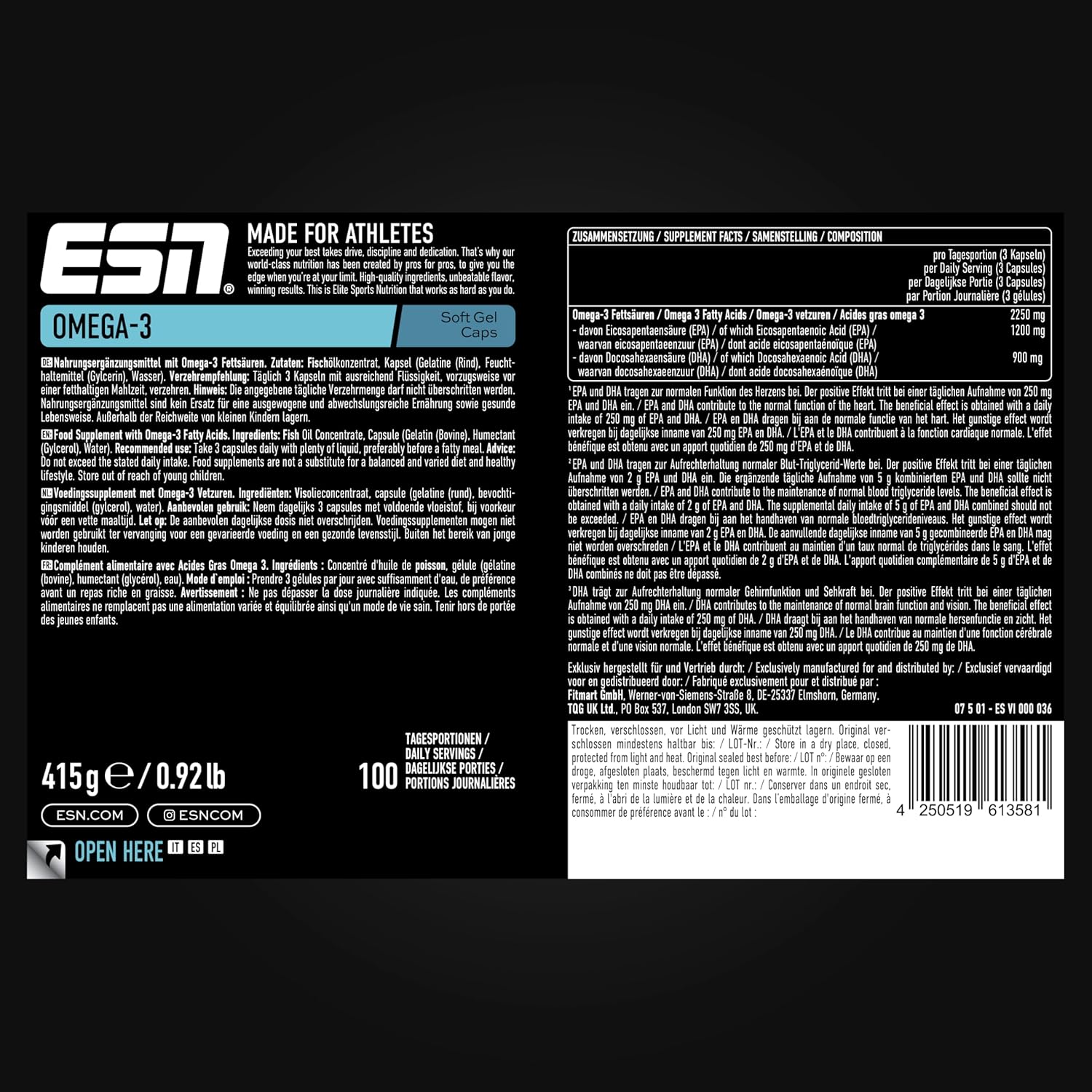 ESN Omega-3 Fischoel 60 - 300 Kapseln 1200 mg EPA 900 mg DHA Tagesdosis
