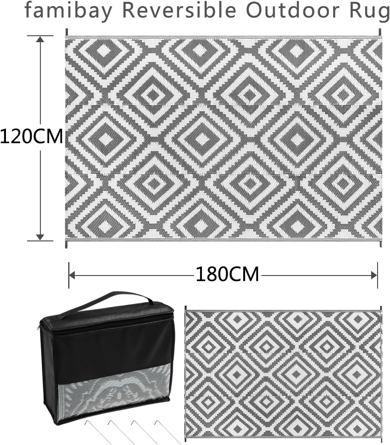 Famibay Outdoor Teppich 245x305 cm wasserabweisend wendbar 180cm-365cm