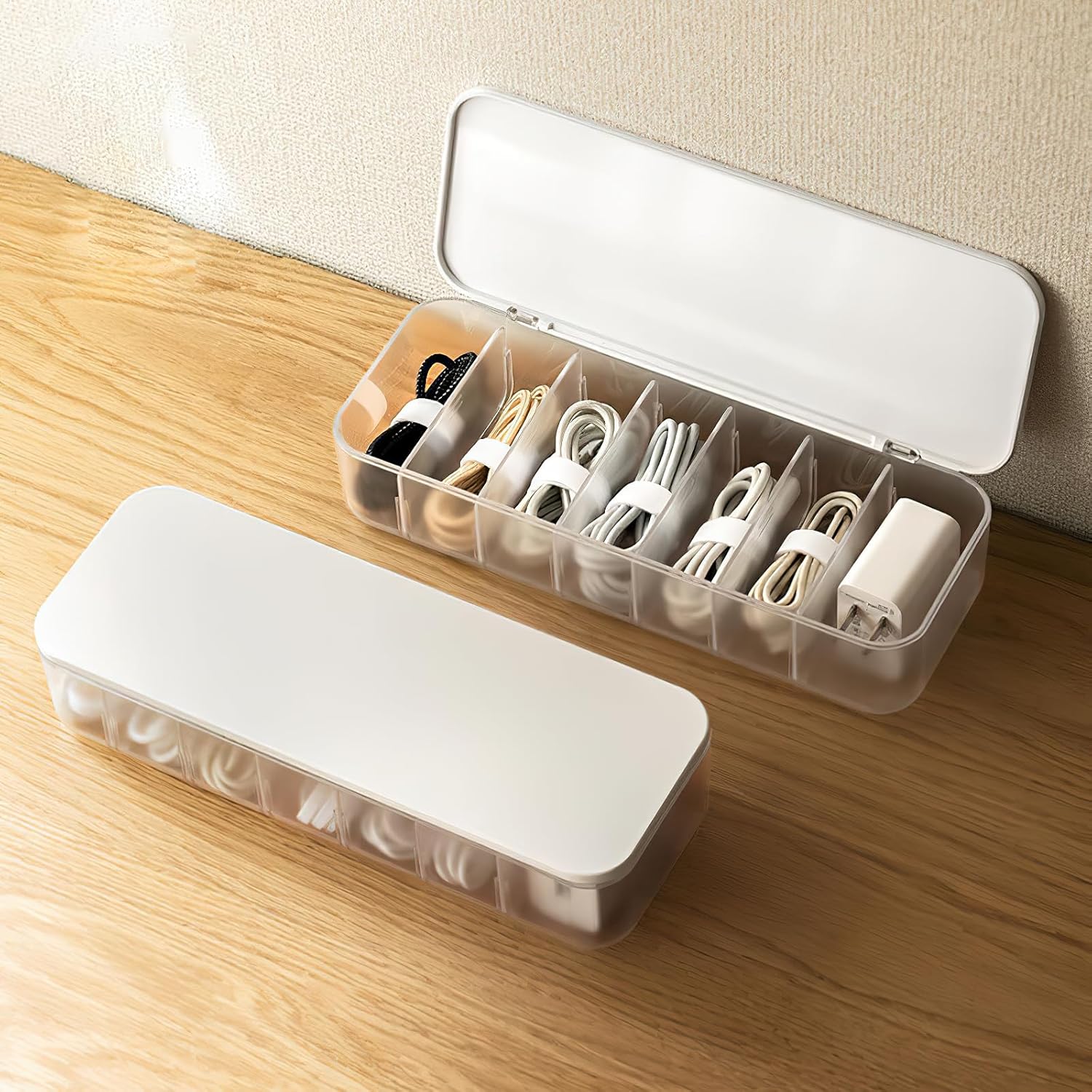 Kabelaufbewahrungsbox transparent 2er Set mit Faechern und Kabelbindern