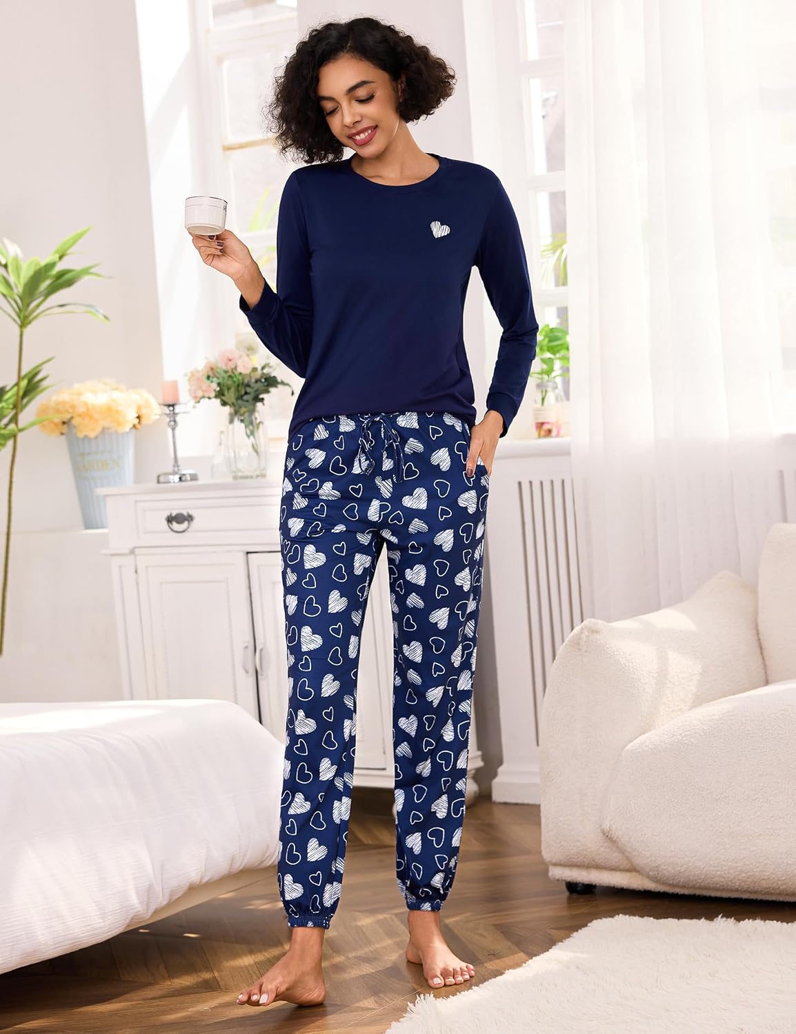 Damen Schlafanzug lang Baumwolle Winter Pyjama Set Herz‑Print Tasche S-XXL