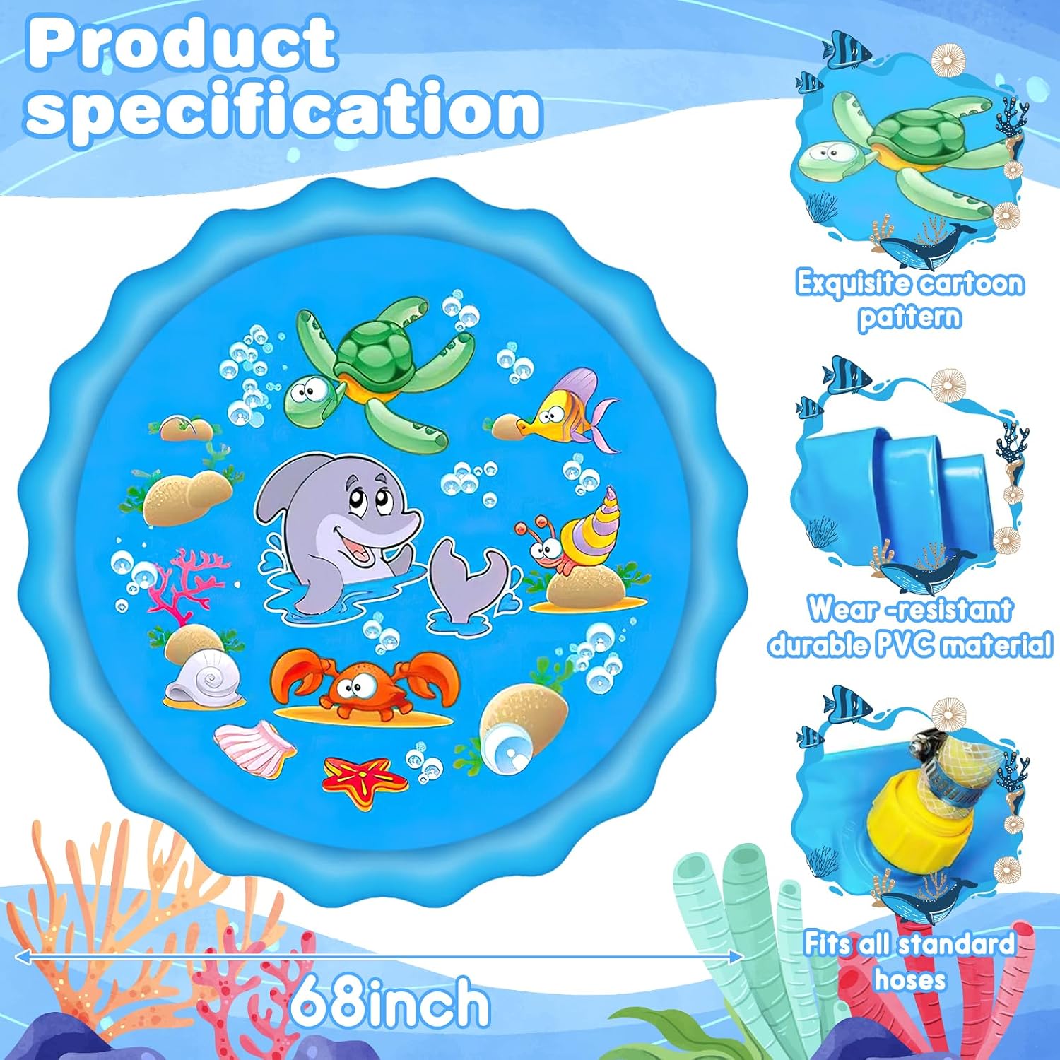 Purpledi 170 cm Splash Pad Sprinkler Wasserspielmatte Kinder Anti-Rutsch