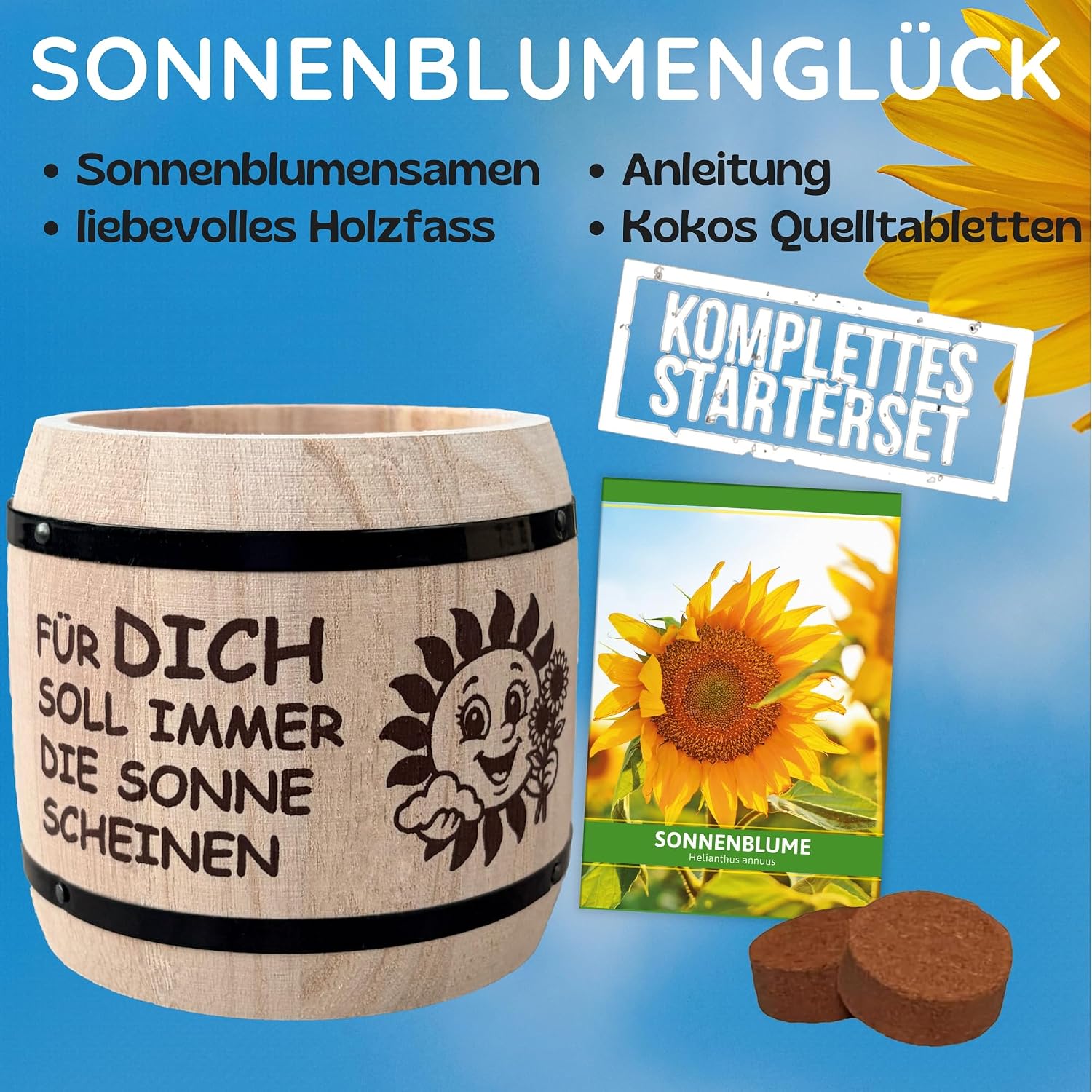 Sonnenblumen Anzuchtset mit Holztopf - Pflanzset Geschenk fuer Garten