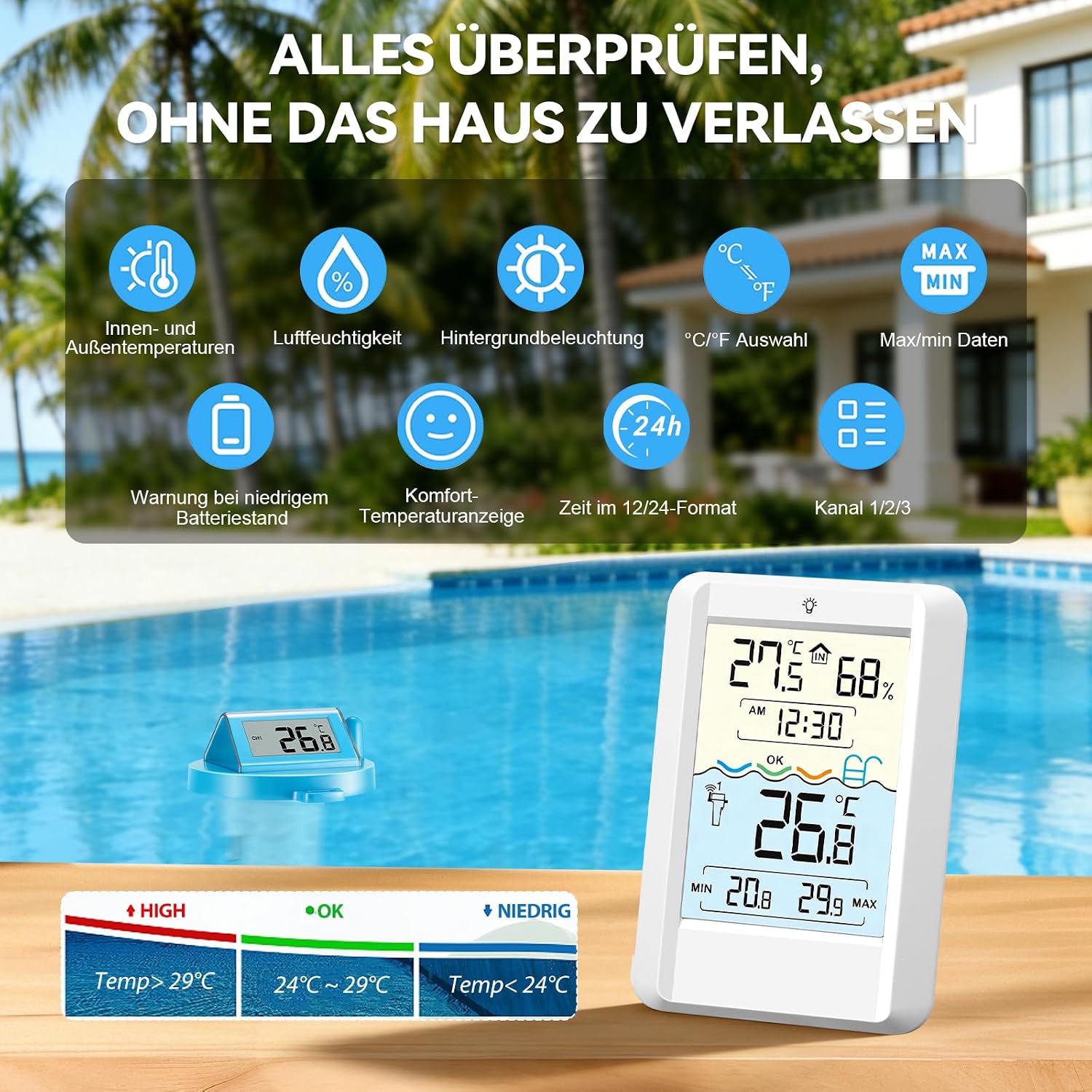 Warmfay Funk Poolthermometer schwimmend, solar/akku, wasserdicht IP68, Empfaenger