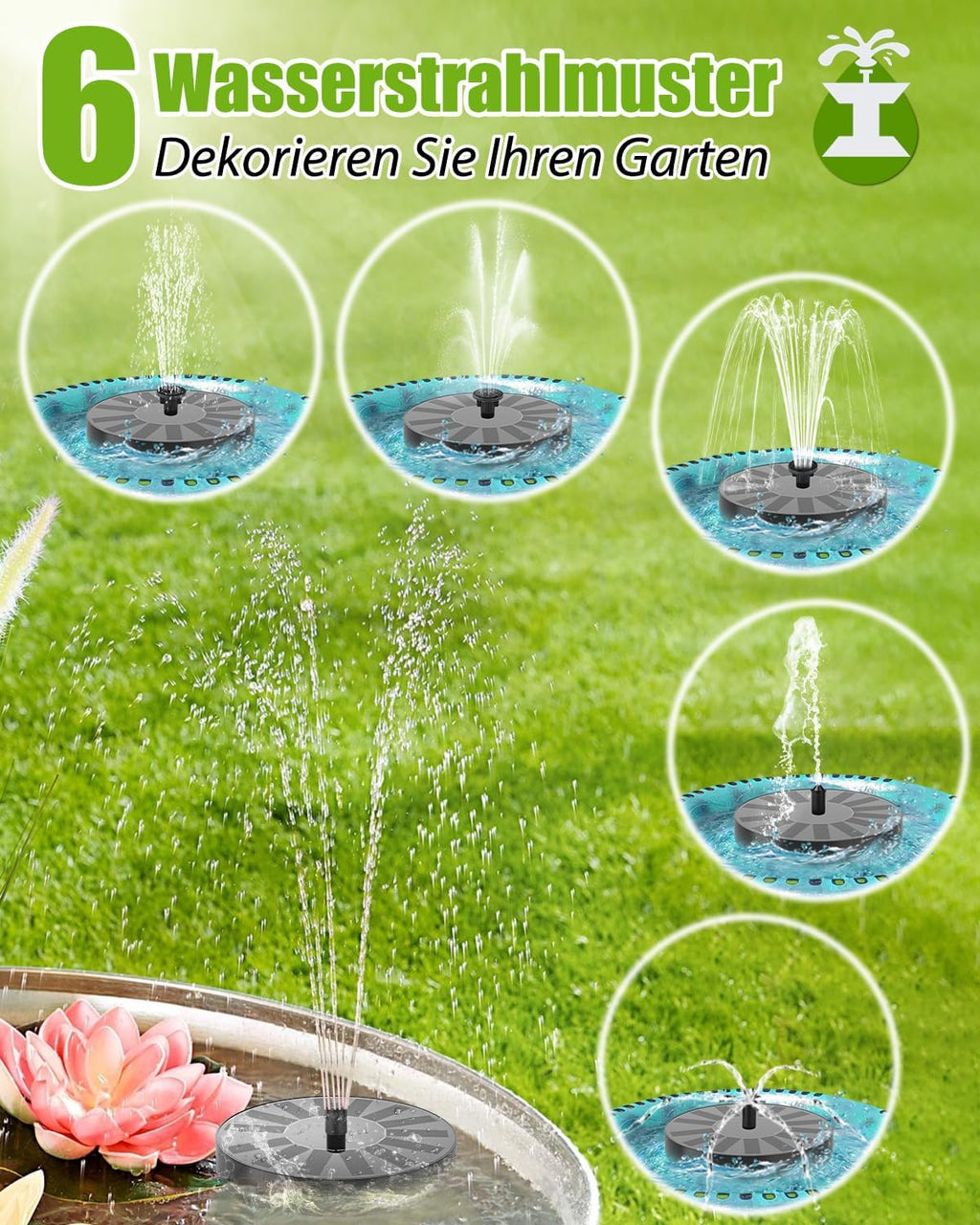 Solar Springbrunnen Pumpe schwimmend mit 6 Wasserstrahl-Effekten fuer Teich Garte