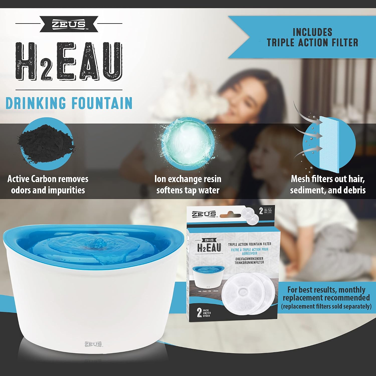 Zeus Hunde Trinkbrunnen 6L weiss blau mit elektrischer Zirkulation