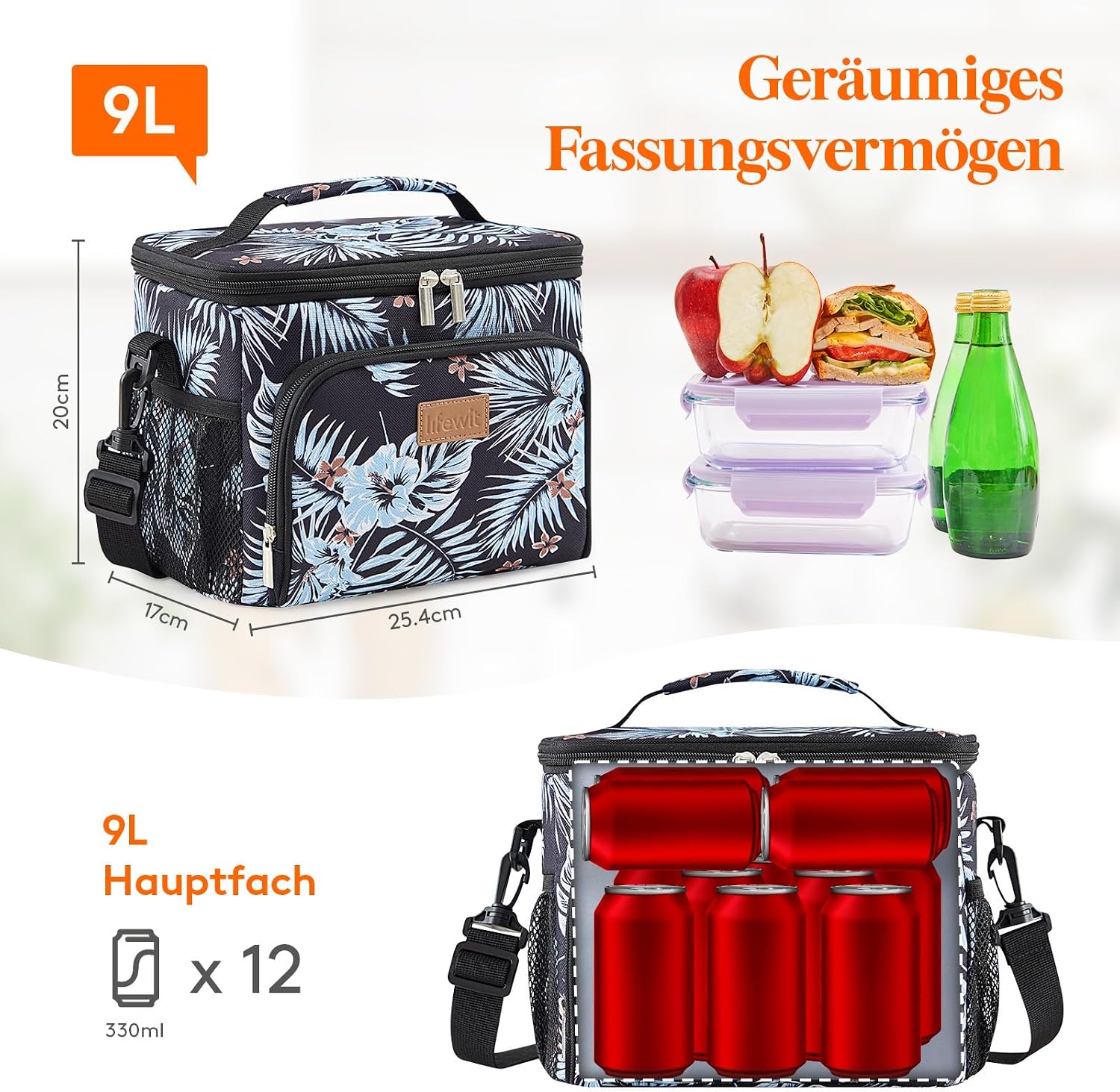 Lifewit Kuehltasche fuer 12 Dosen, isoliert, auslaufsicher, Schulterriemen M-L