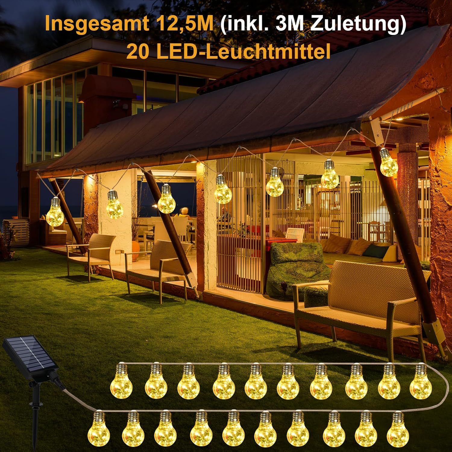 Goffii Solar Lichterkette Aussen 20 LED 12,5 m warmweiss 8 Modi Timer