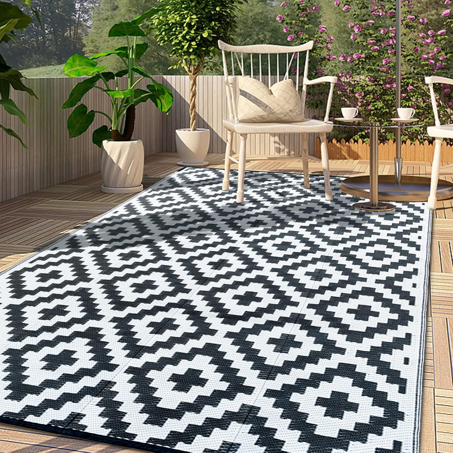 CHOSHOME Outdoor Teppich 120x180 cm Schwarz Wetterfest UV-bestaendig Terrasse