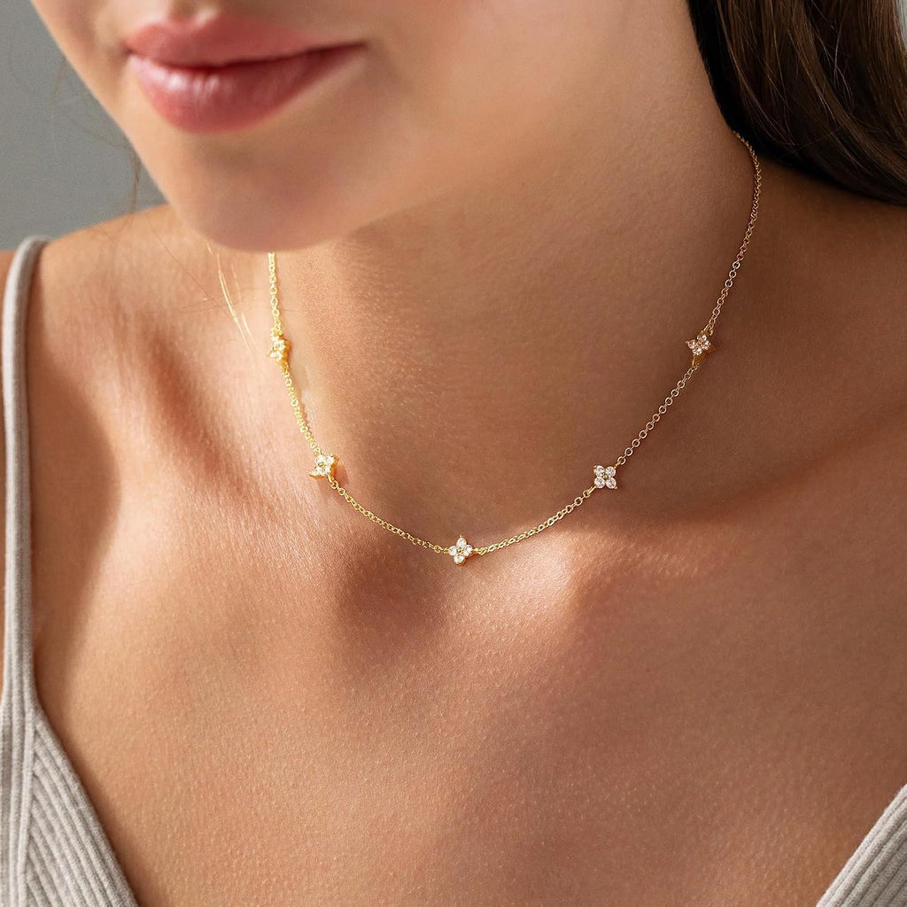925 Silber Halskette Damen vergoldet 14K Kleeblatt Herz Perlen Zirkonia