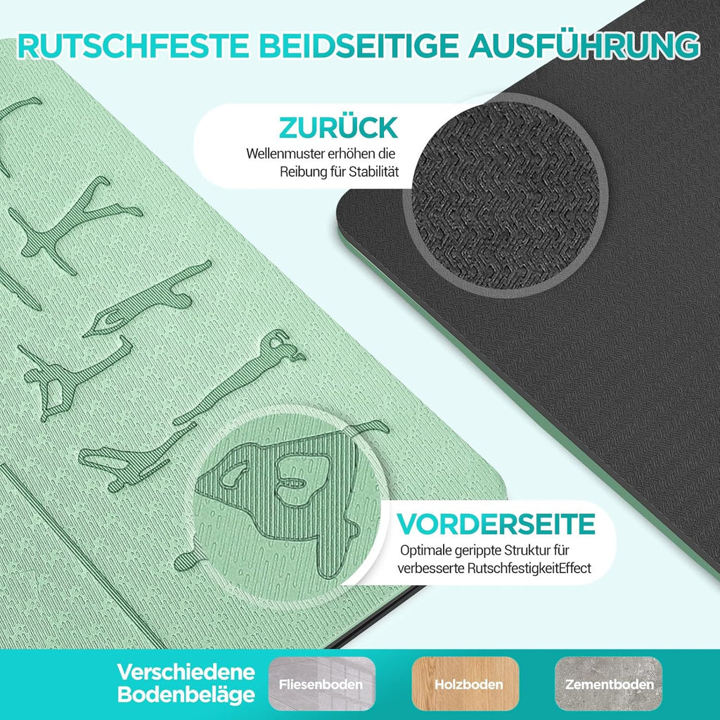 Yogamatte TPE 6 mm 183x61 cm rutschfest Fitnessmatte 181cm-183cm
