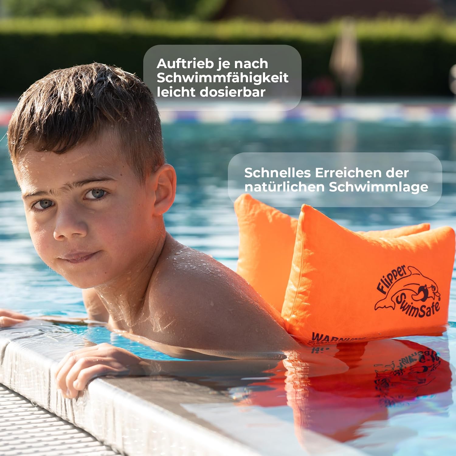 Flipper SwimSafe 1080 Schwimmkissen Baby Baumwolle verstellbares Band Orange