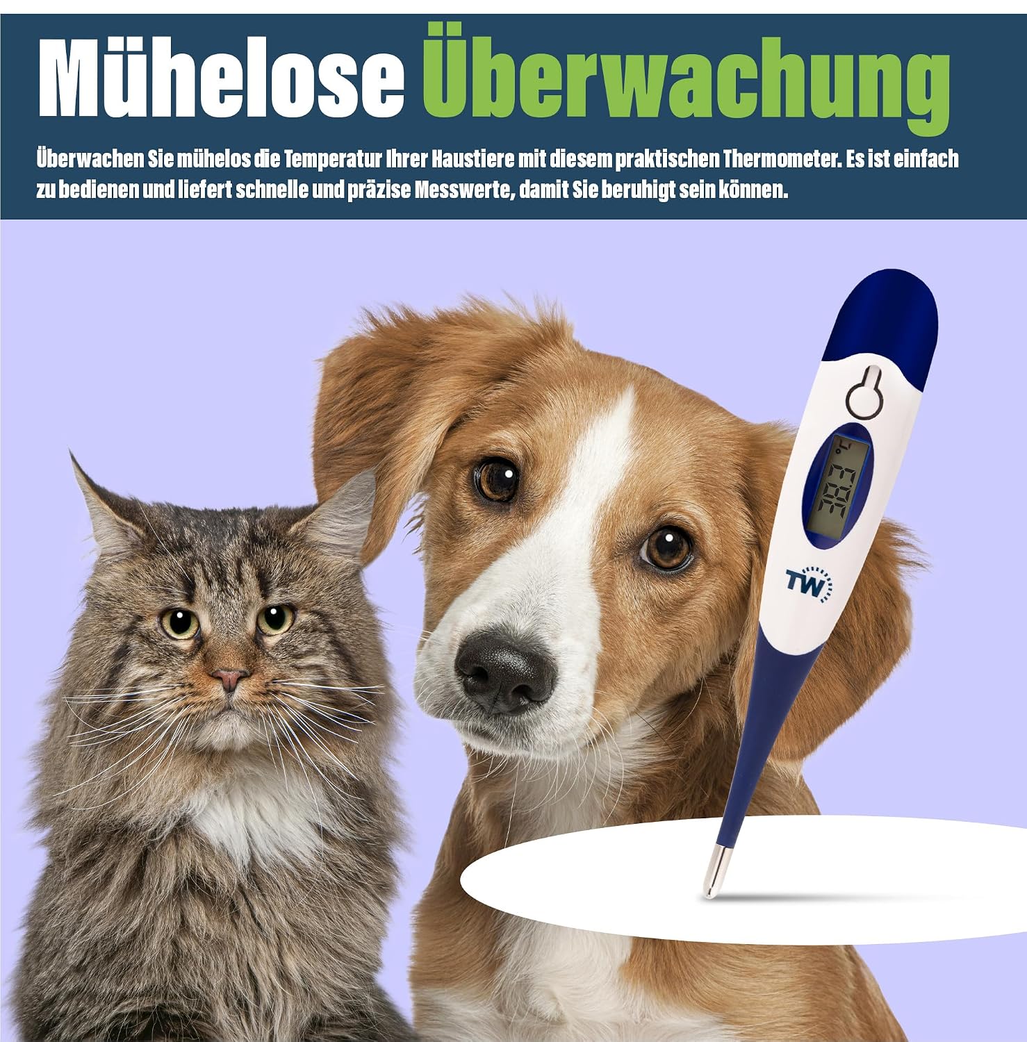 Digitales Haustierthermometer fuer Hund Katze Pferd mit flexibler Sonde