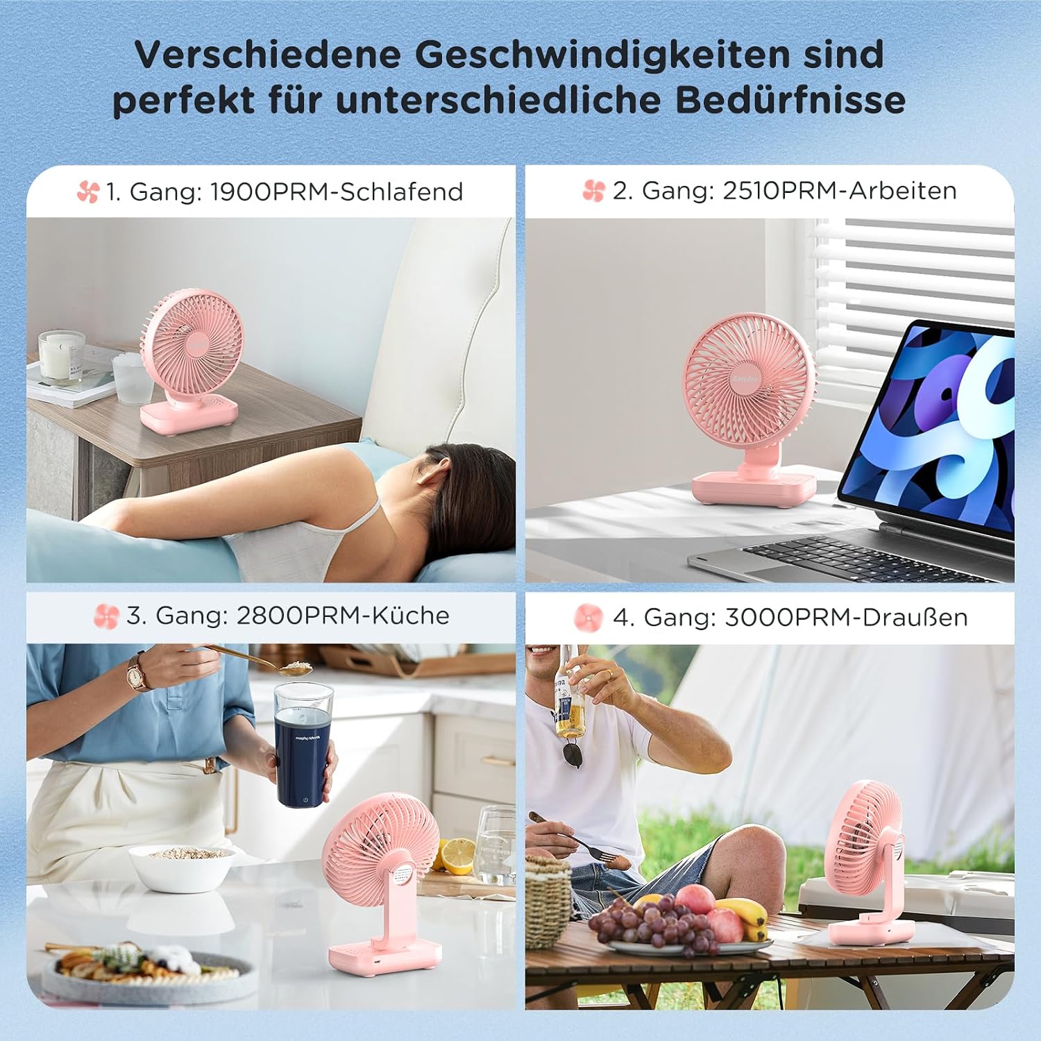 EasyAcc Tischventilator USB Akku 4000 mAh, tragbar, 4 Stufen, schwarz