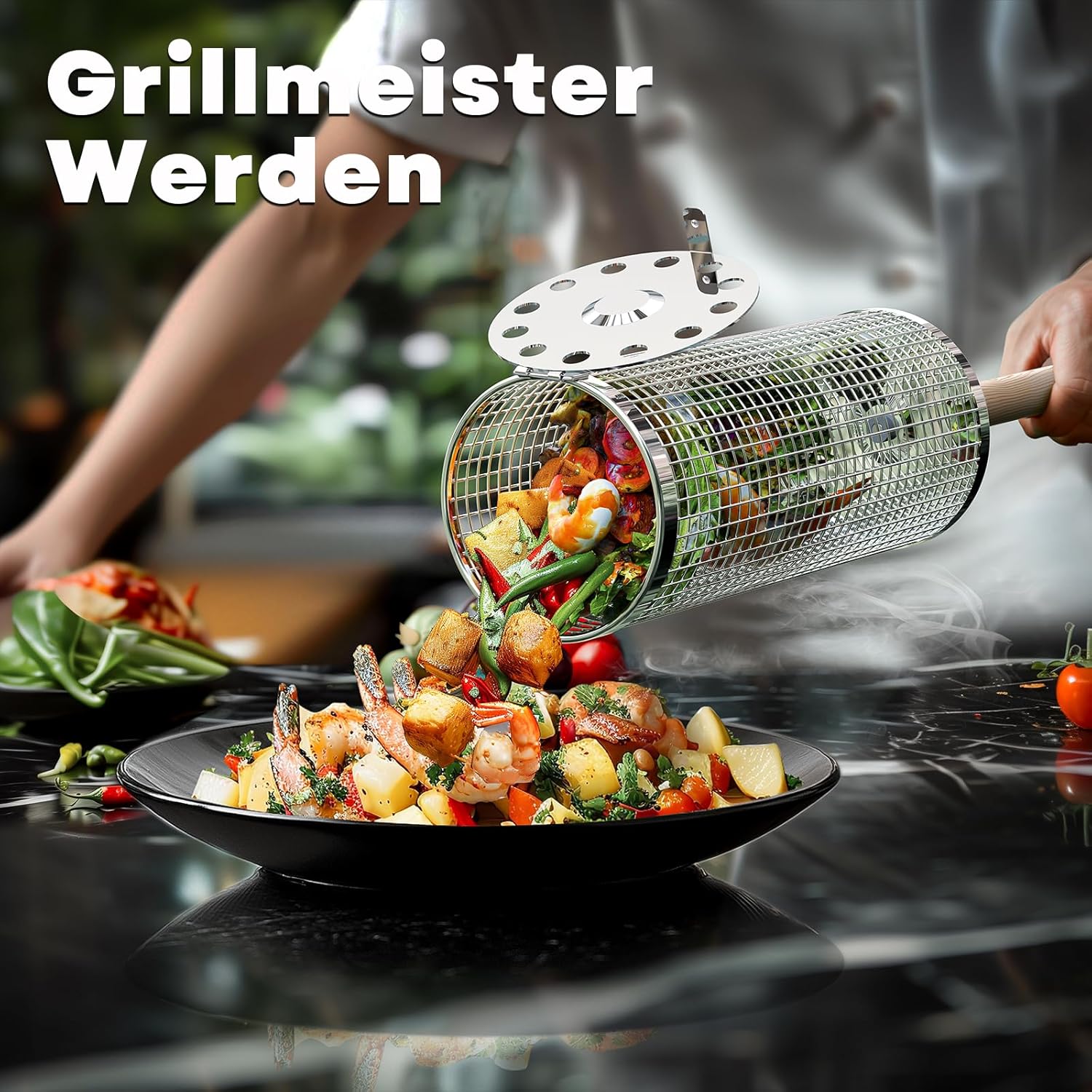 Nestbar Grillkorb Edelstahl 304 mit abnehmbarem Holzgriff fuer Gemuese - Gasgrill