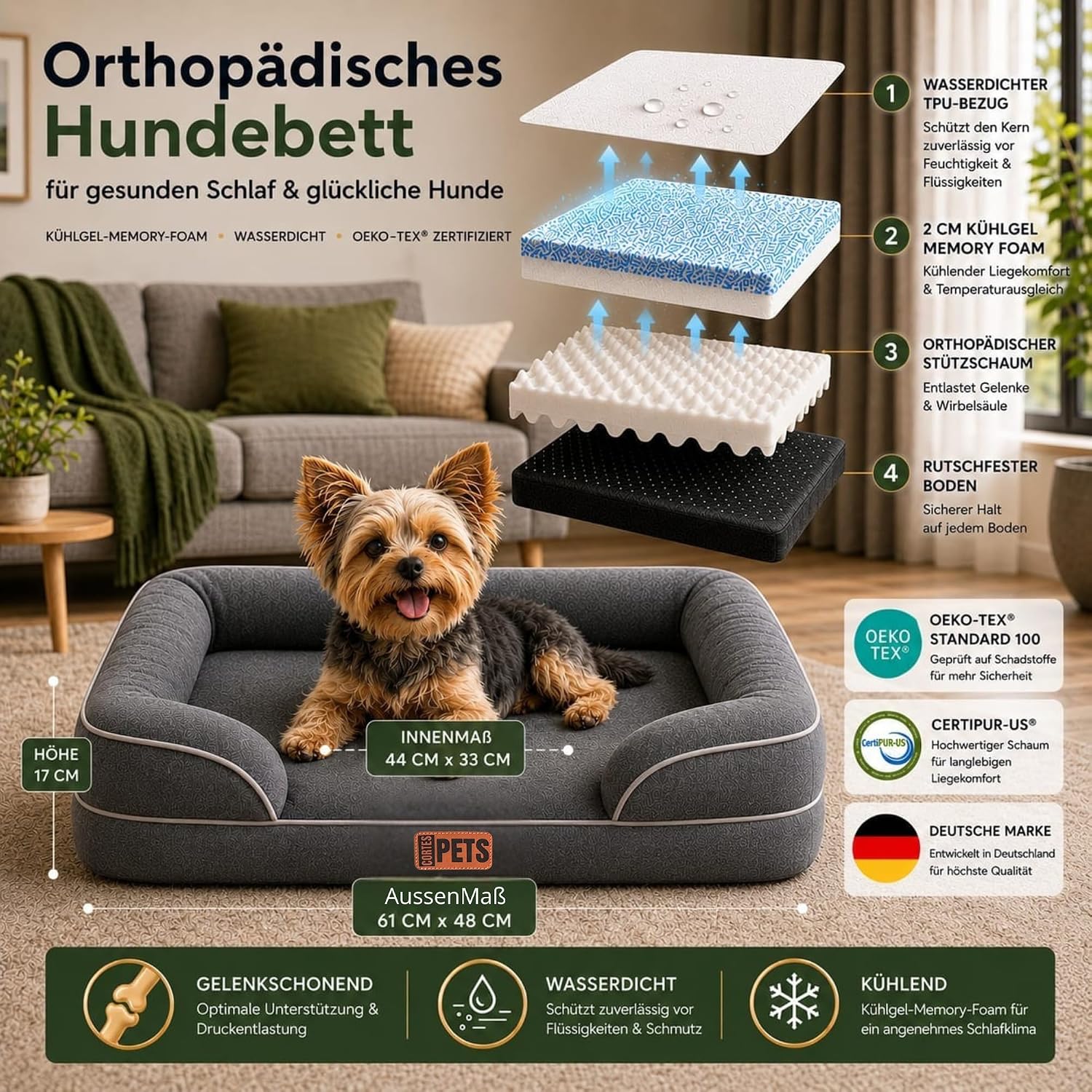 Orthopädisches Hundebett Memory Foam wasserfest Hundekissen