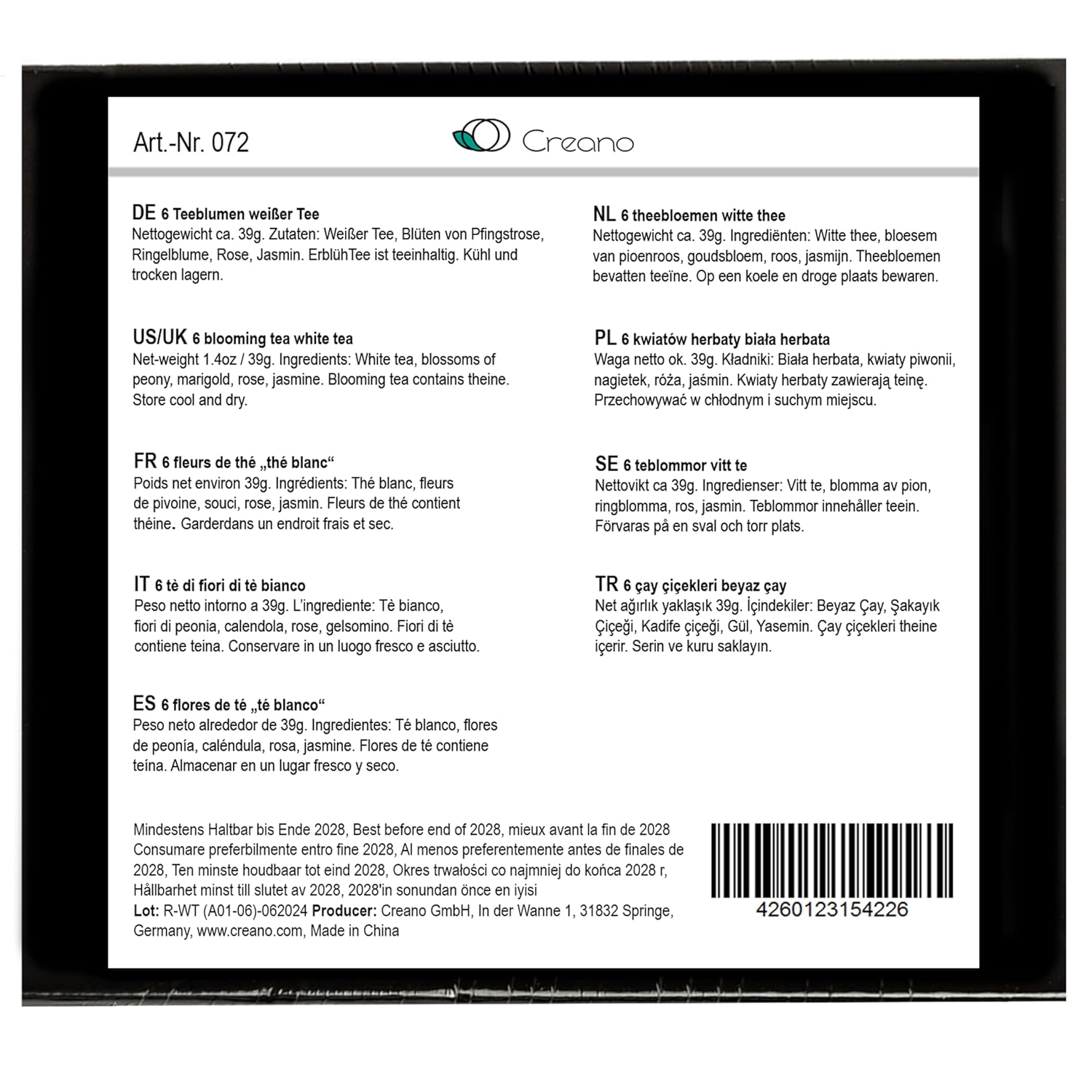 Creano Teeblumen Geschenkbox 6 Sorten Magnetbox Weiss Gruen Schwarz, verschiedene