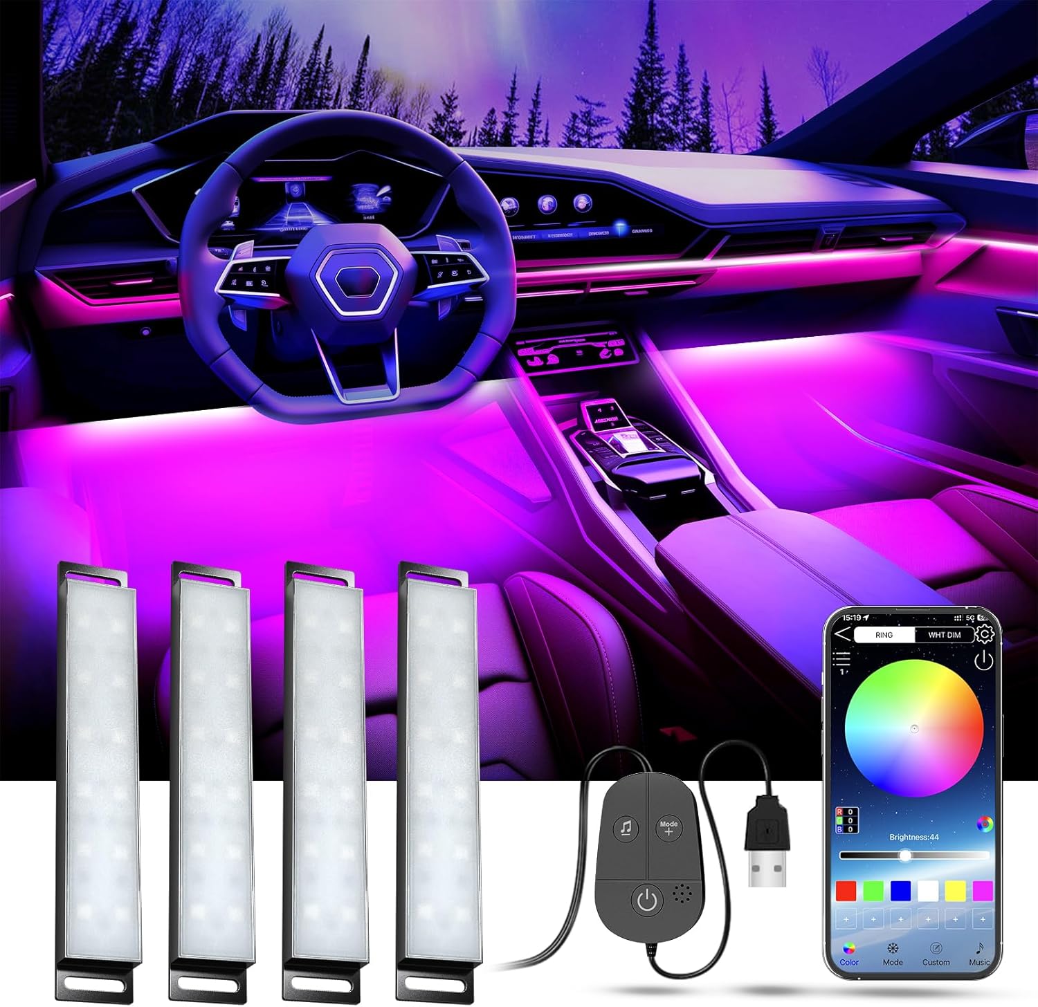 LED Ambientebeleuchtung Auto Innenraum mit App Steuerung 16 Mio Farben USB