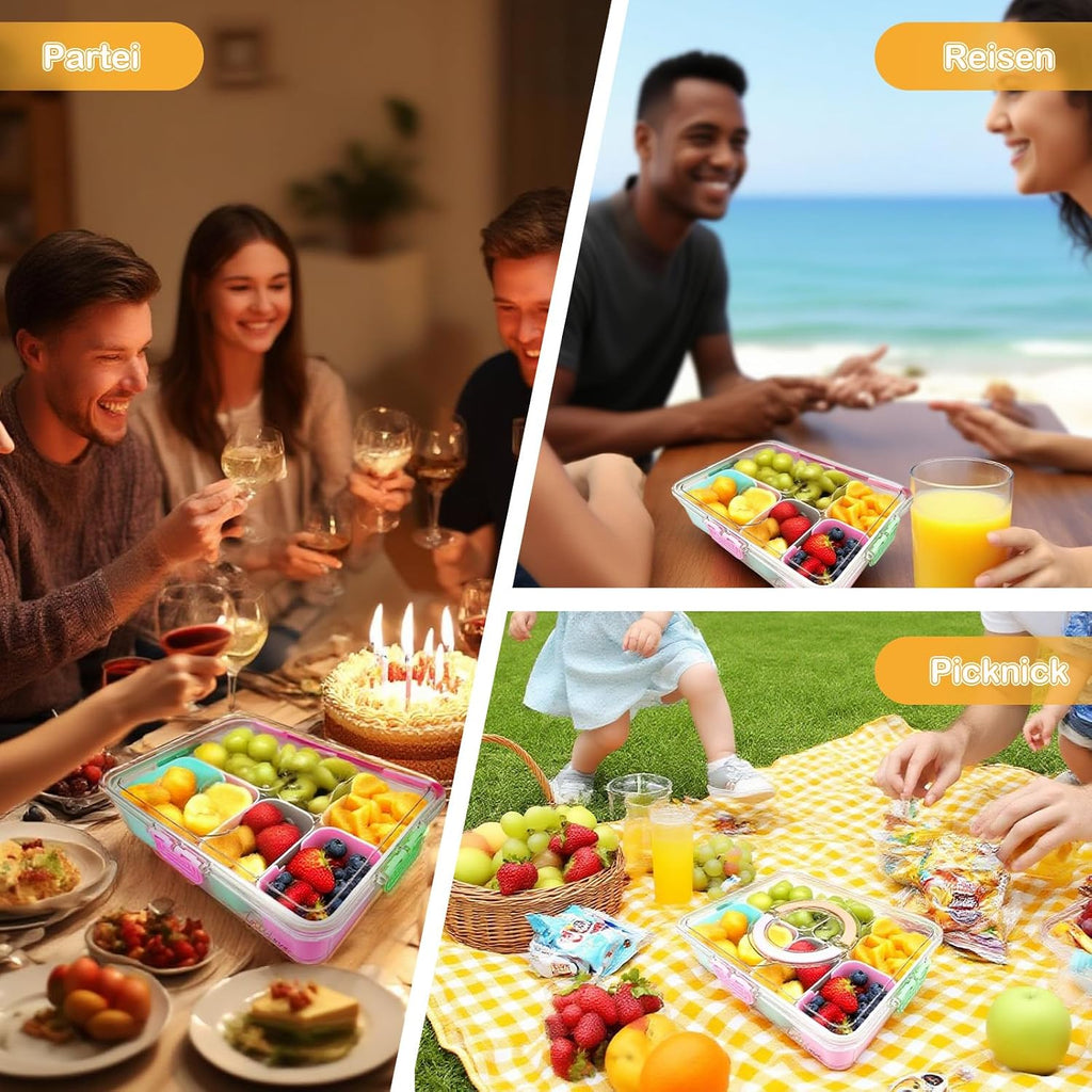 Snackbox 8 Faecher mit Deckel, 6 Obstgabeln und Besteckbeutel
