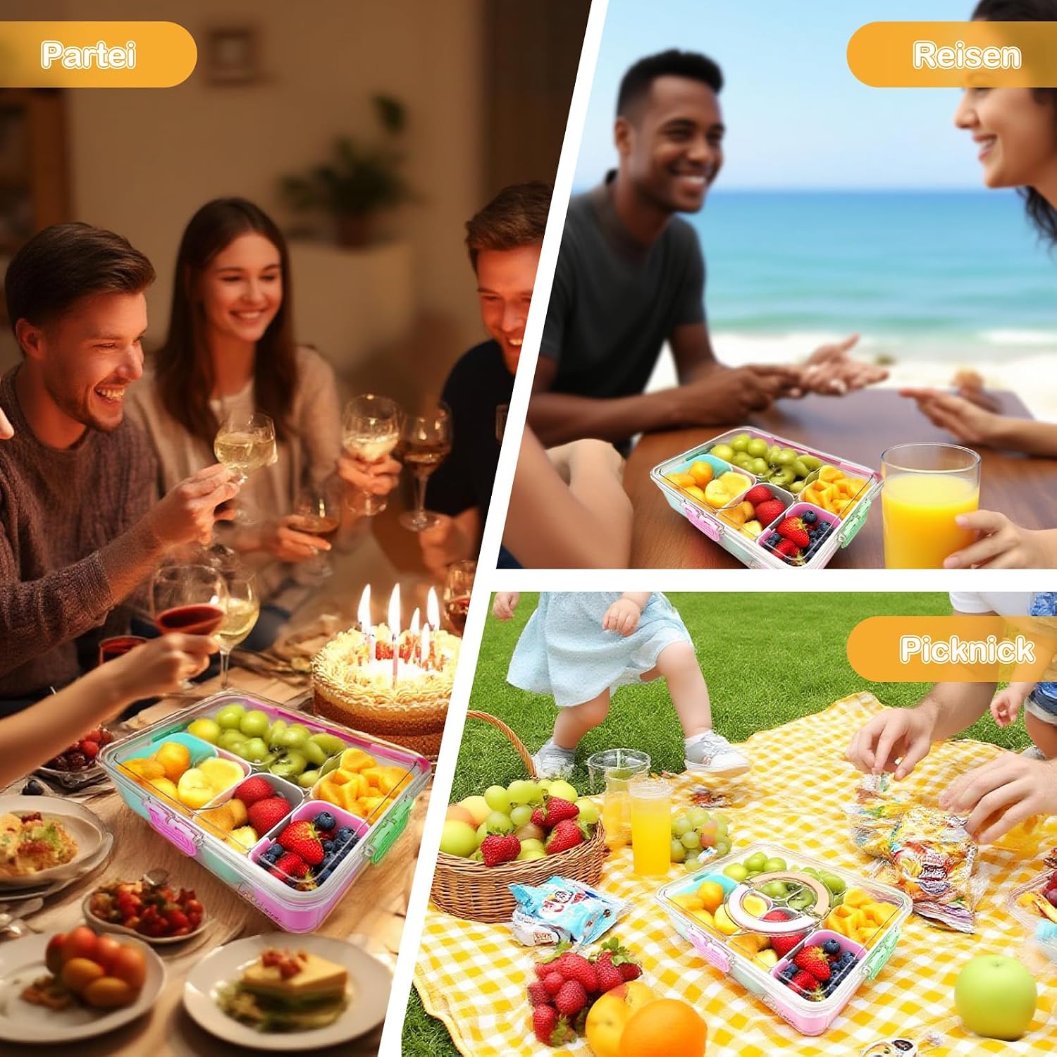 Snackbox 8 Faecher mit Deckel, 6 Obstgabeln und Besteckbeutel