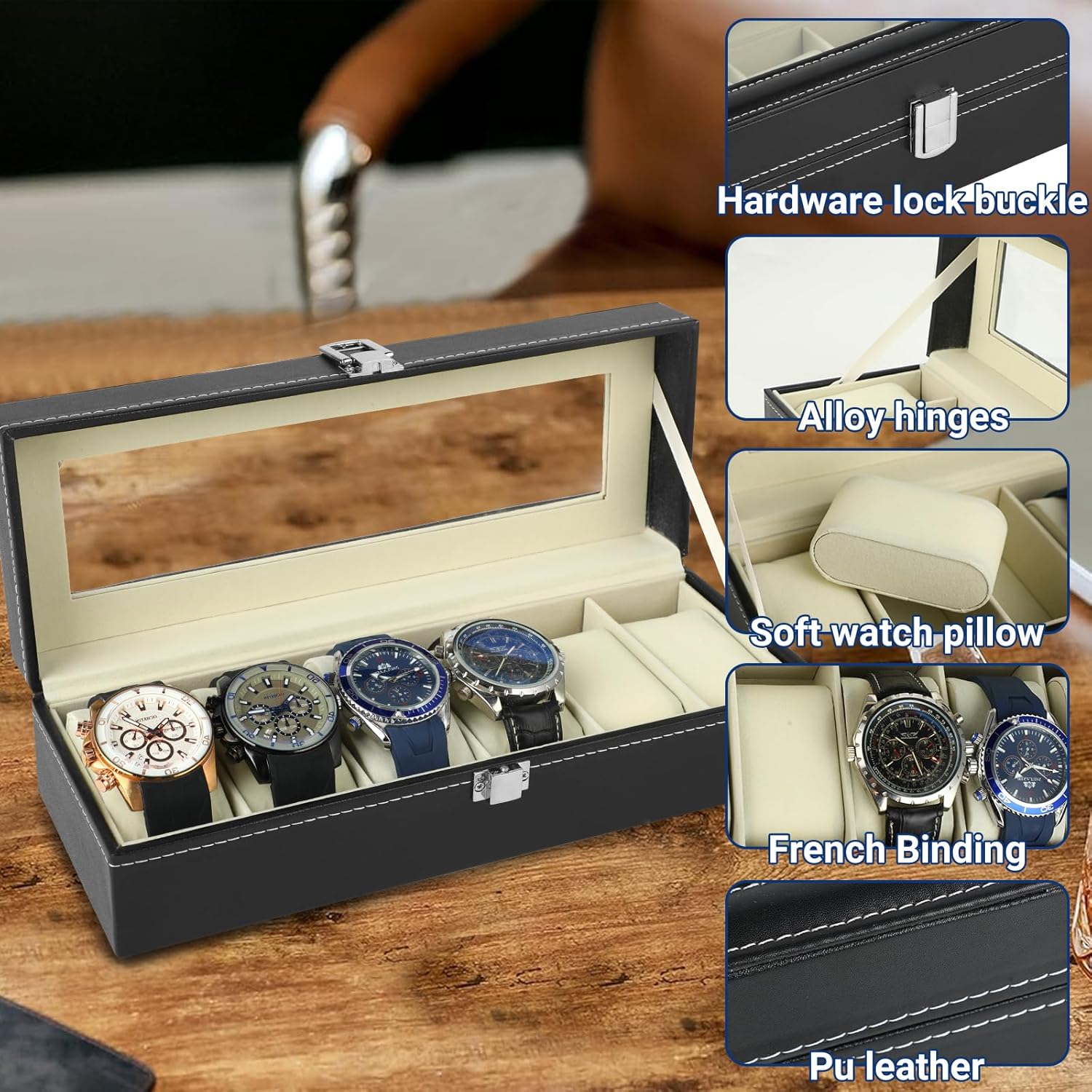 Uhrenbox 6 Faecher mit Glasdeckel und abnehmbaren Kissen Uhrenkasten
