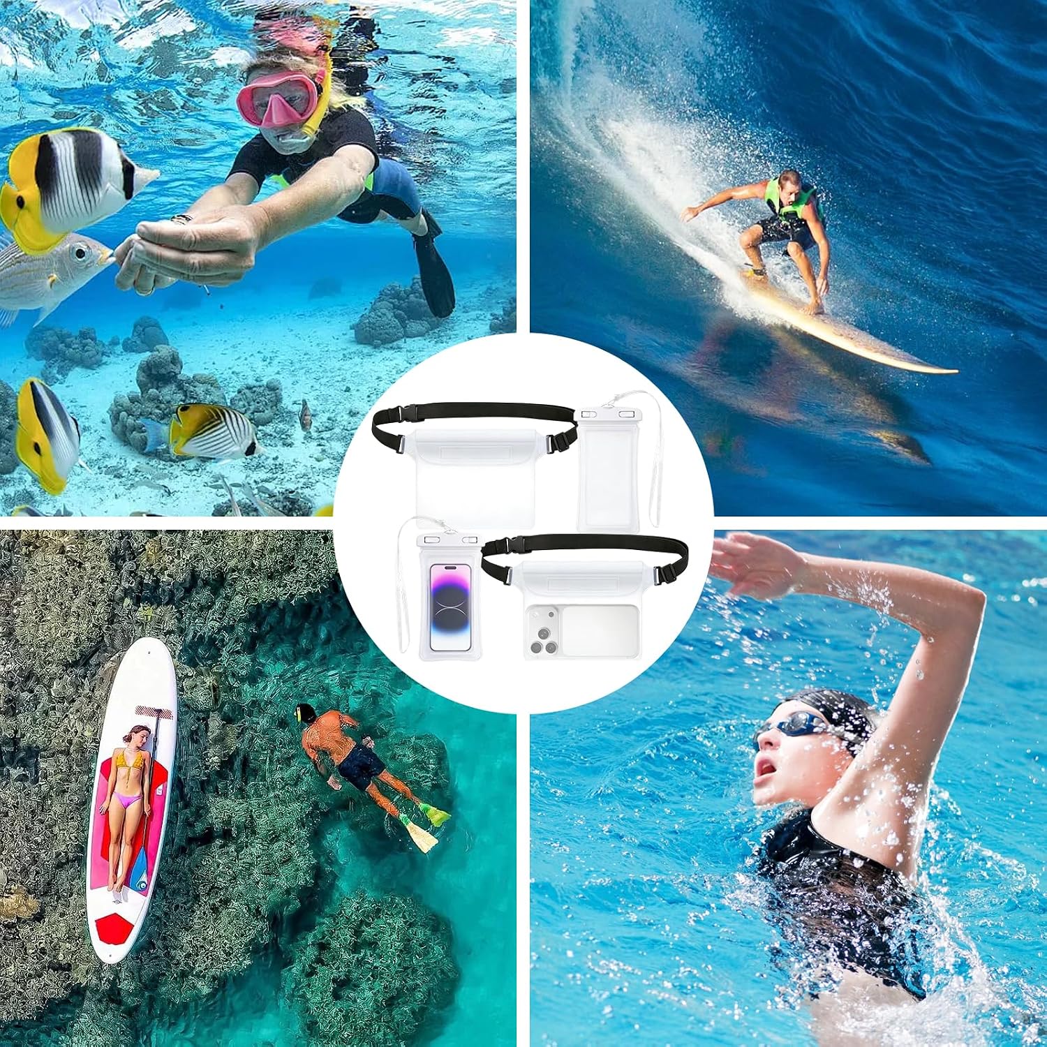 Wasserdichte Handyhuelle IPX8 transparent 4er Set Bauchtasche mit Gurt weiss