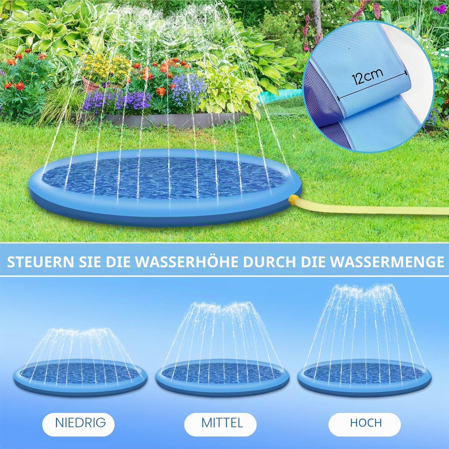 Jsdoin aufblasbarer Hundepool 100 cm blau faltbar verdickt Outdoor Sprinklermatt