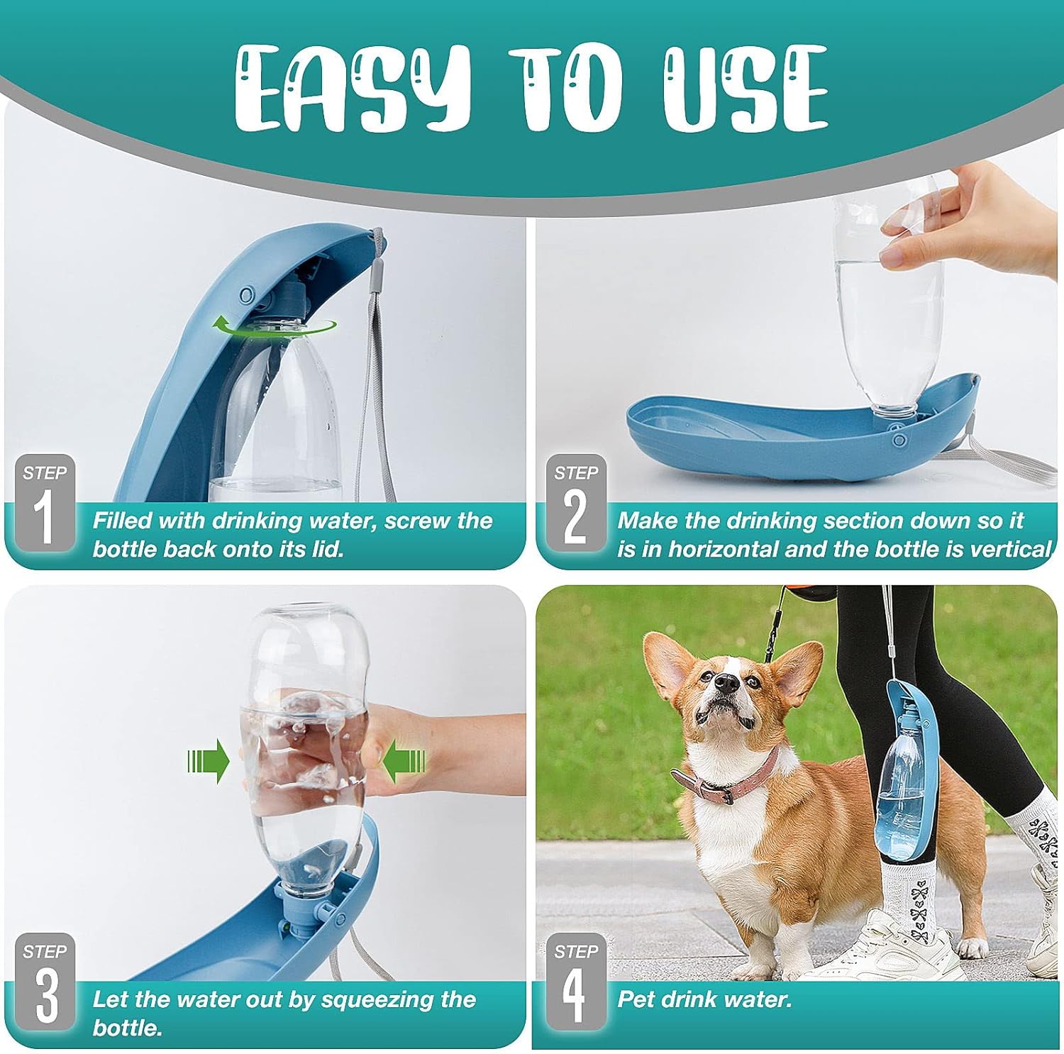 NAMSAN Hunde Trinkflasche 550 ml faltbar mit Napf unterwegs blau