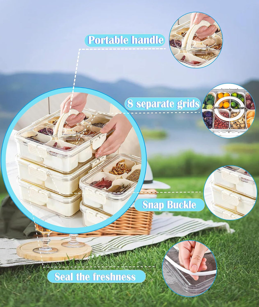 Snackbox 8 Faecher mit Deckel und Griff Serviertablett Picknick