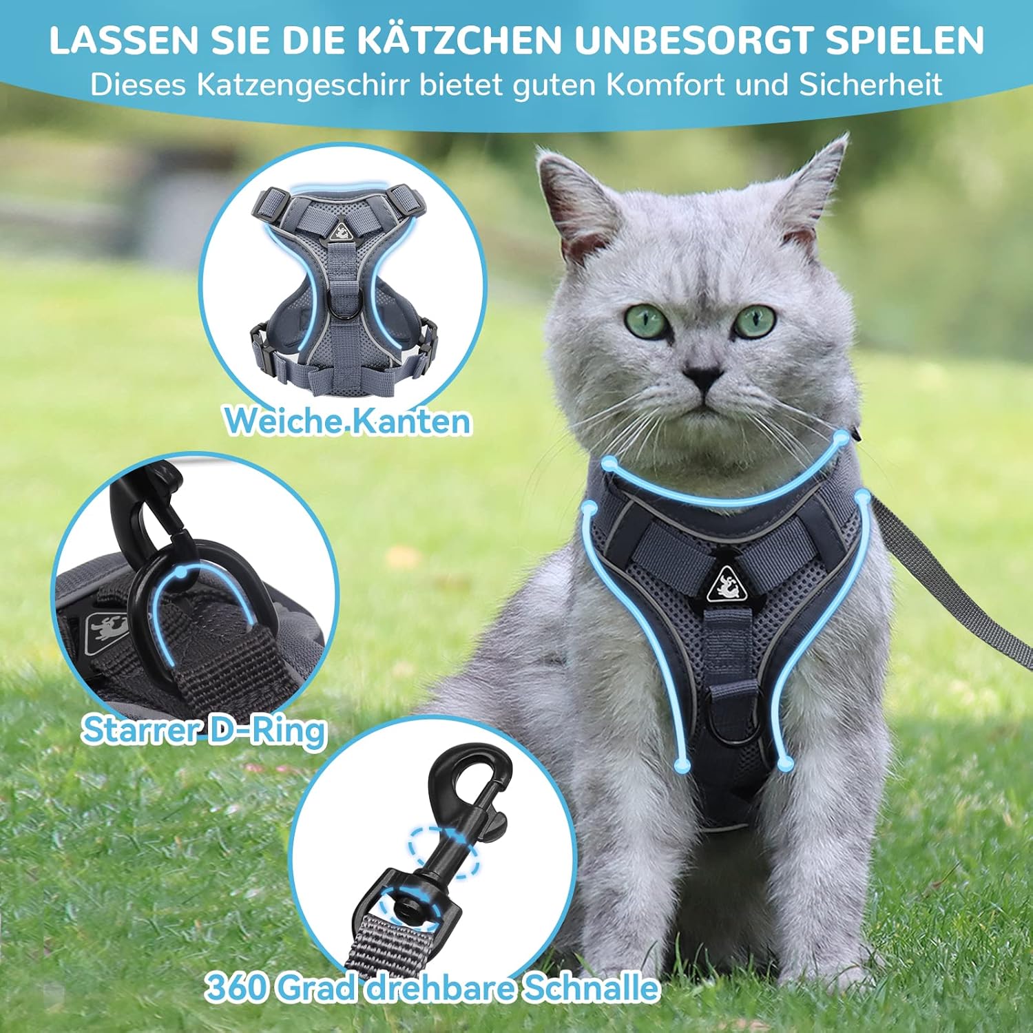 Katzengeschirr ausbruchsicher verstellbar mit Leine Gr. XS-L Blau