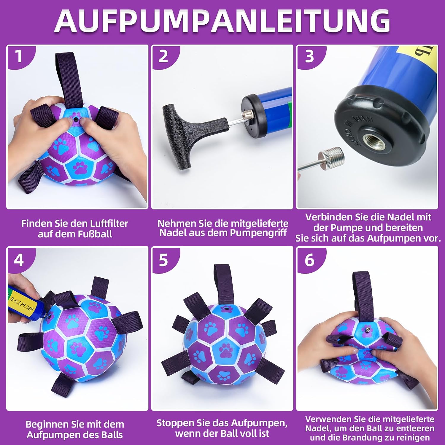 HETOO Hundeball 6" mit Griff fuer mittlere und grosse Hunde M-L lila/blau